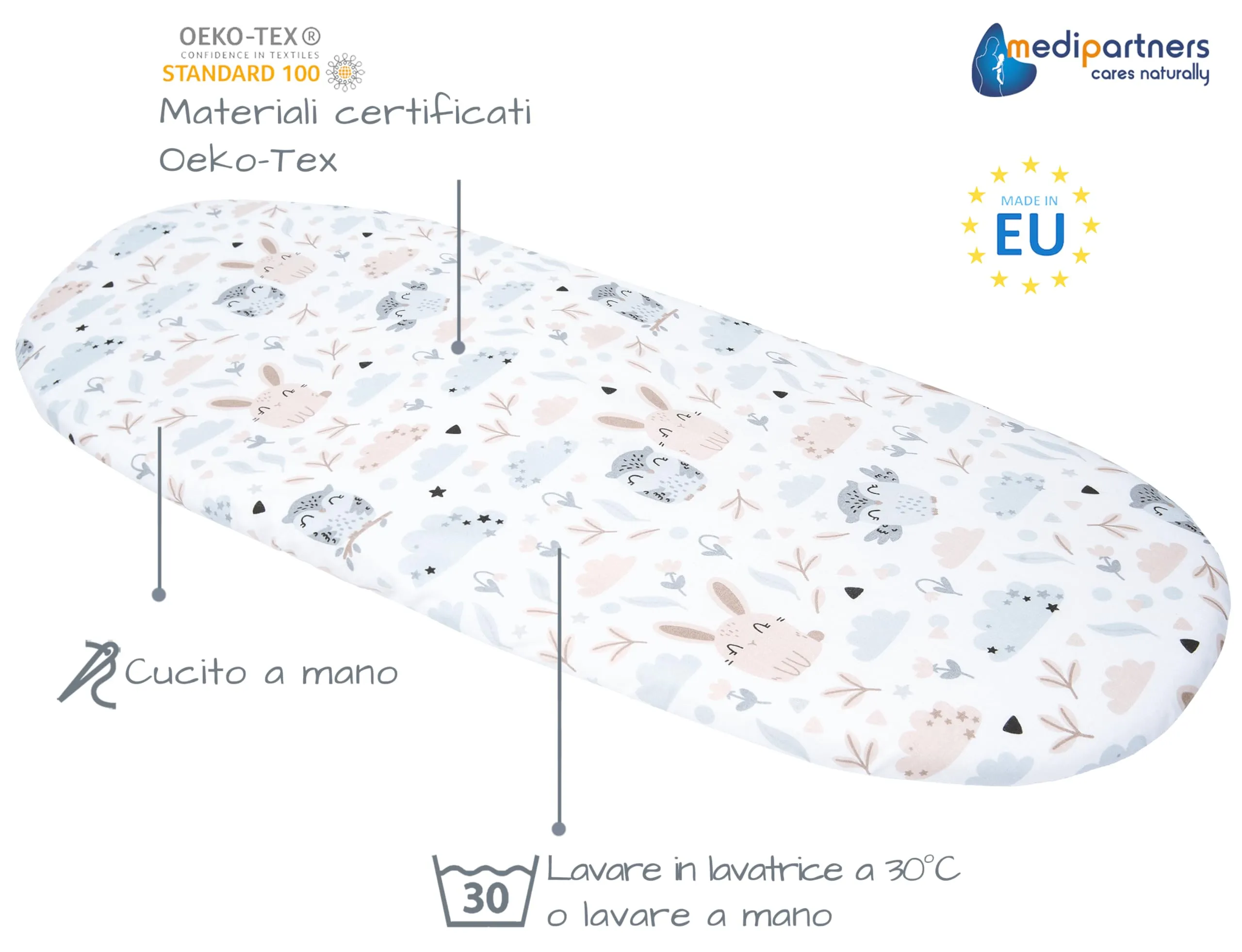 Medi Partners Lenzuolo per Lettino Culla e Navicella 86x40, 100% Cotone, Radura Con Animali - immagine 2