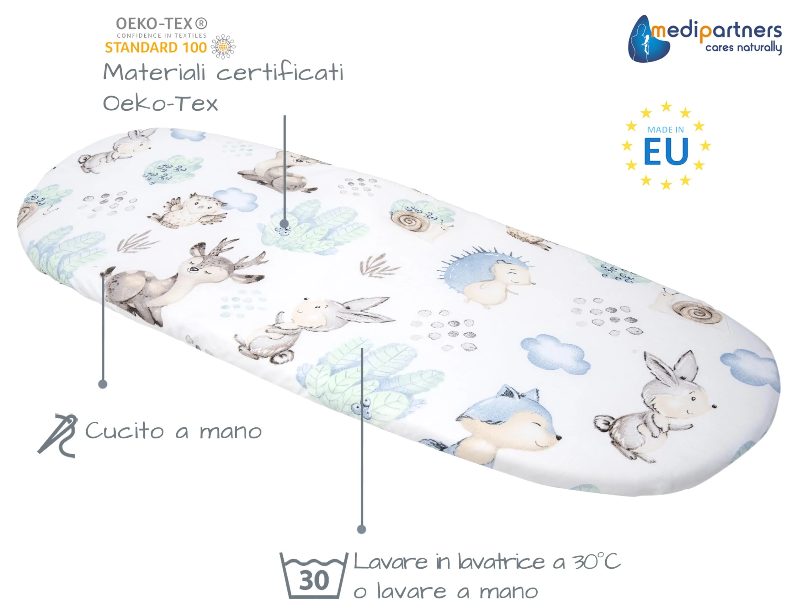 Medi Partners Lenzuolo per Lettino Culla, Navicella e Passeggino 86x40, 100% Cotone, Cervo E Riccio - immagine 2