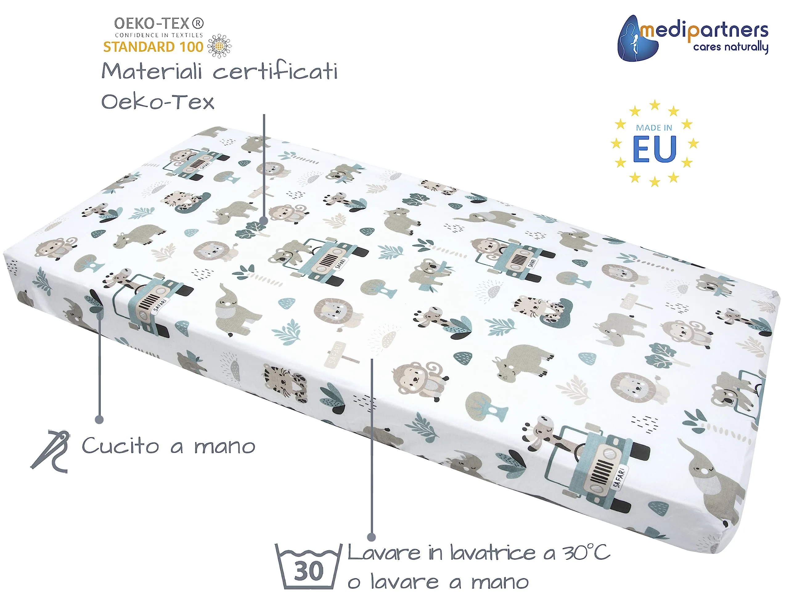Medi Partners Lenzuola Lettino Neonato 60x120 100% Cotone con Angoli (Zoo Di Menta) - immagine 2