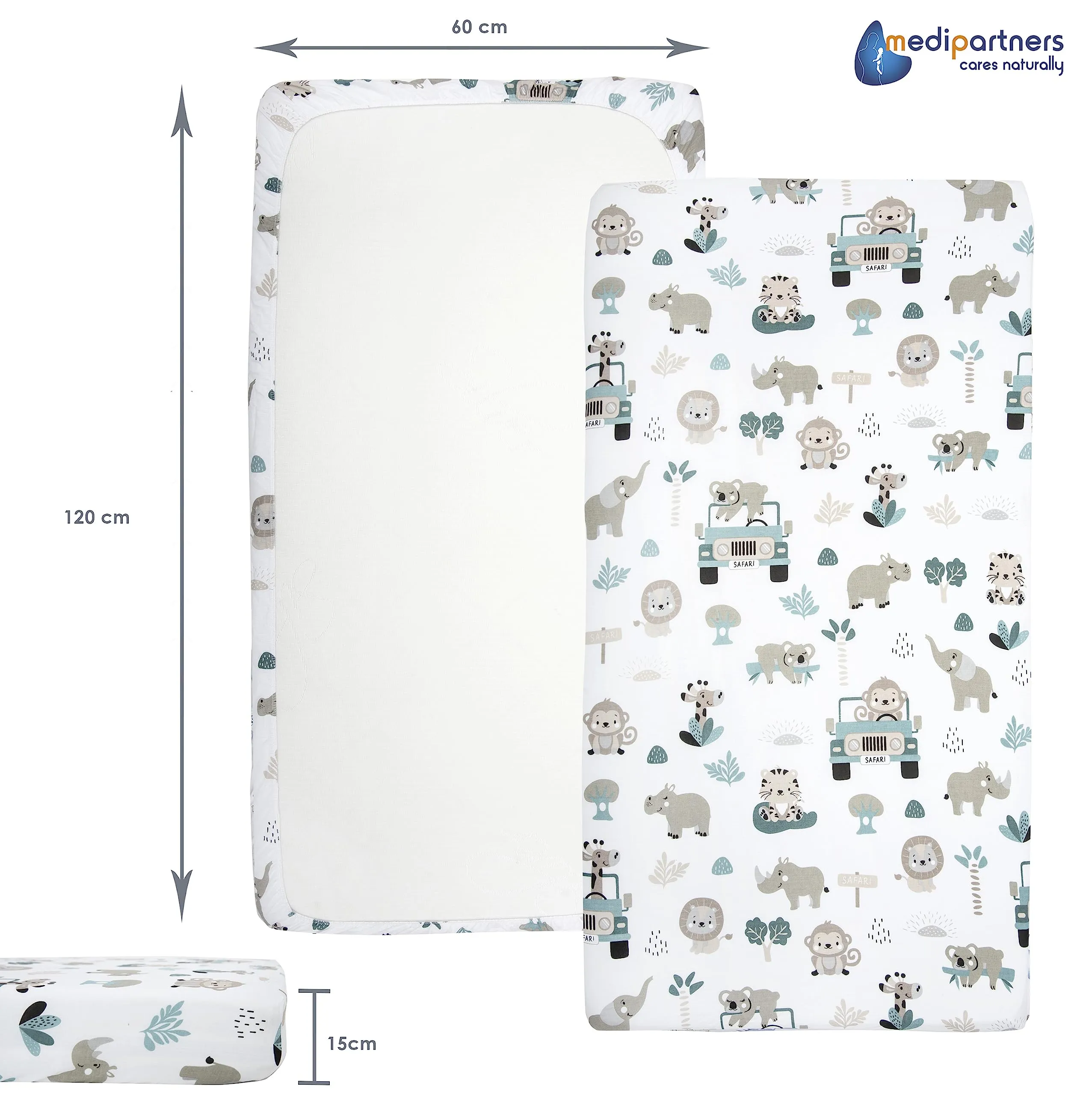 Medi Partners Lenzuola Lettino Neonato 60x120 100% Cotone con Angoli (Zoo Di Menta) - immagine 3