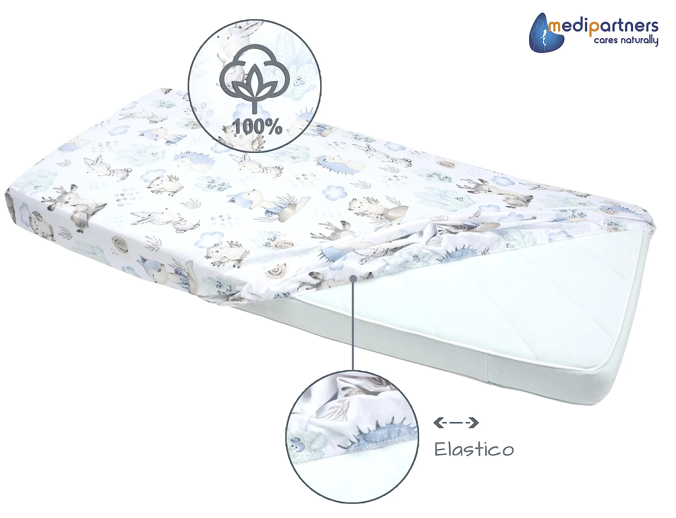 Medi Partners Lenzuolo con Angoli per Lettino Neonato 60x120, 100% Cotone (Cervo E Riccio) - immagine 5