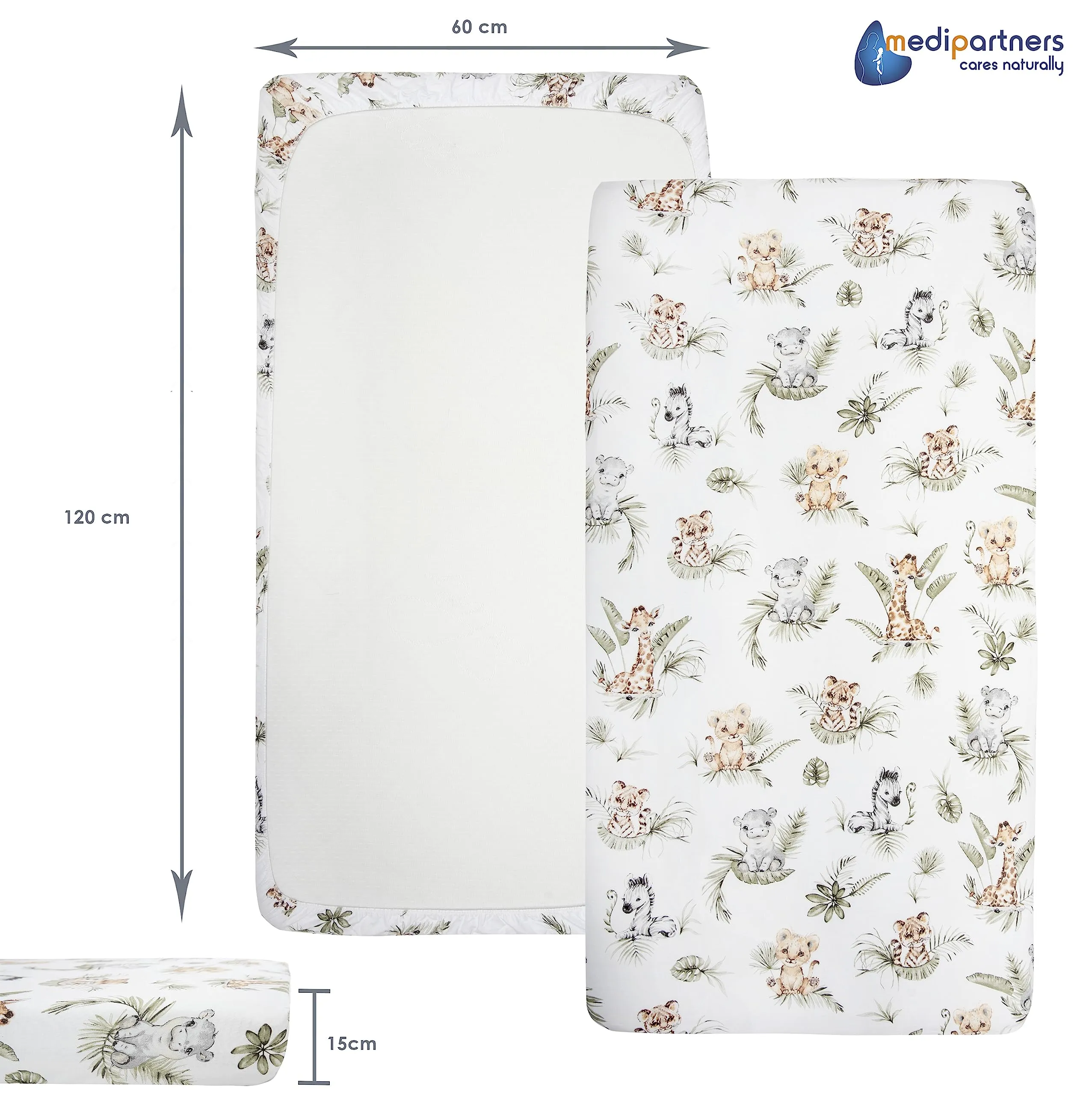 Medi Partners Set 3 Lenzuoli con Angoli per Lettino Neonato 60x120, 100% Cotone (Safari-Bianco-Grigio) - immagine 4