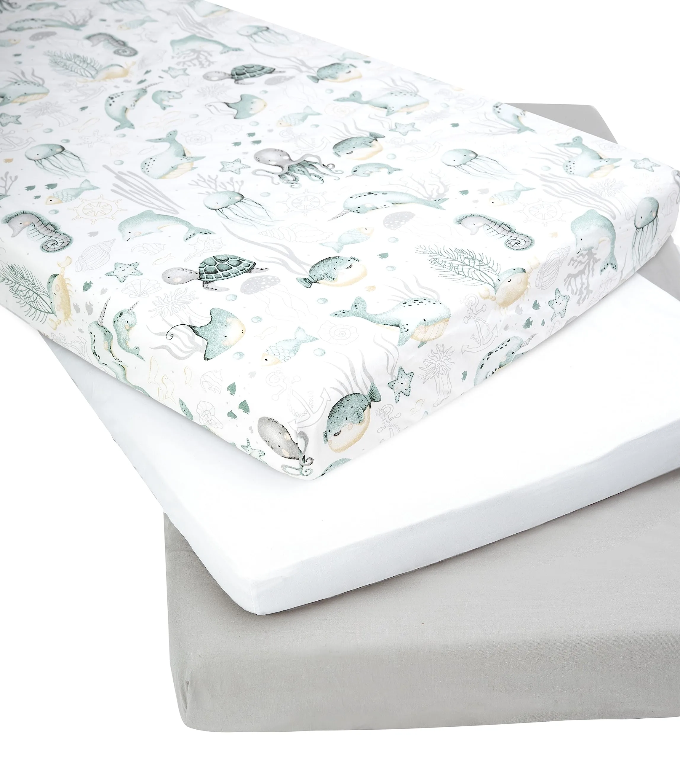 Medi Partners Set di 3 Lenzuoli con Angoli per Lettino Neonato 60x120, 100% Cotone (Oceano-Bianco-Grigio) - immagine 2