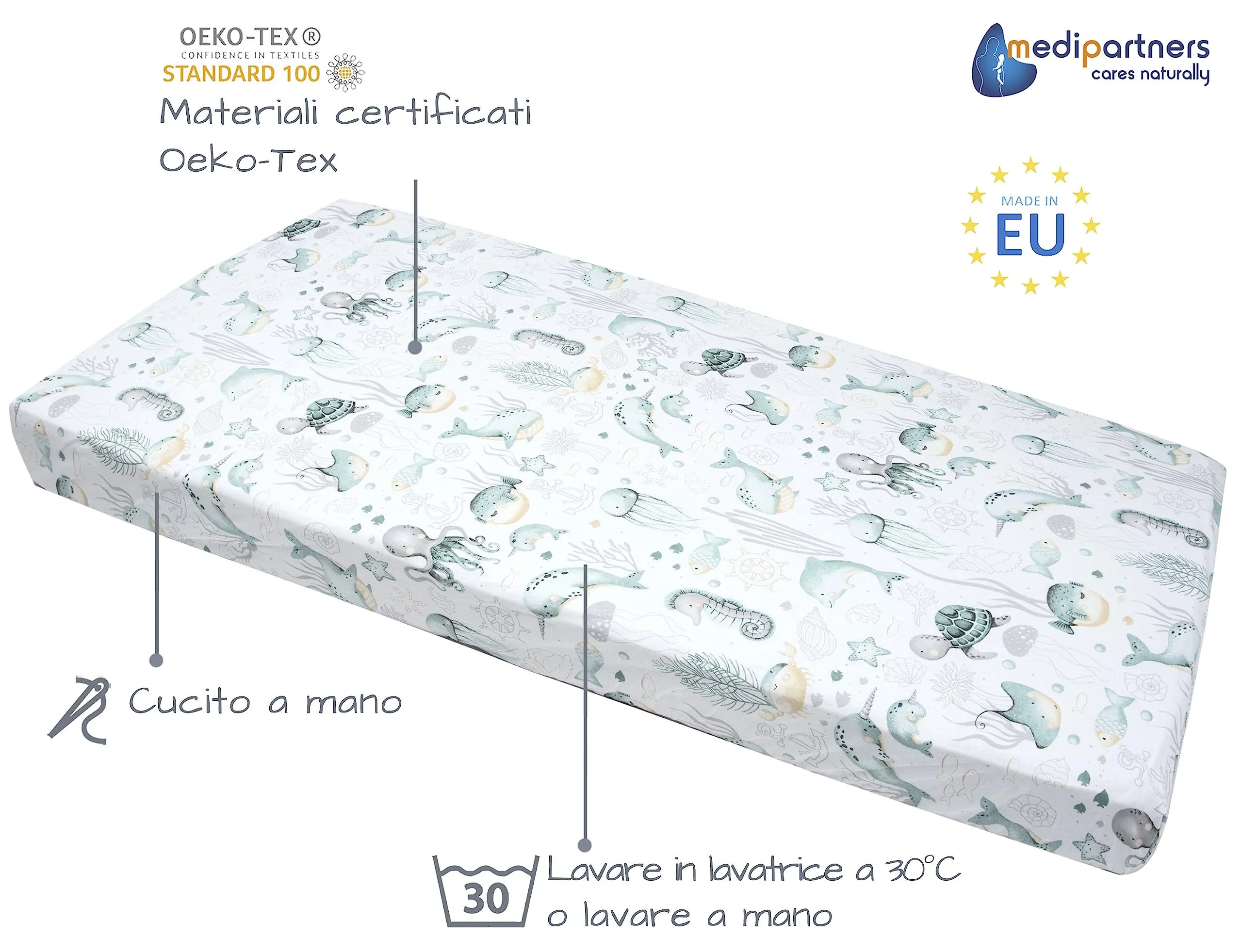Medi Partners Set di 3 Lenzuoli con Angoli per Lettino Neonato 60x120, 100% Cotone (Oceano-Bianco-Grigio) - immagine 3