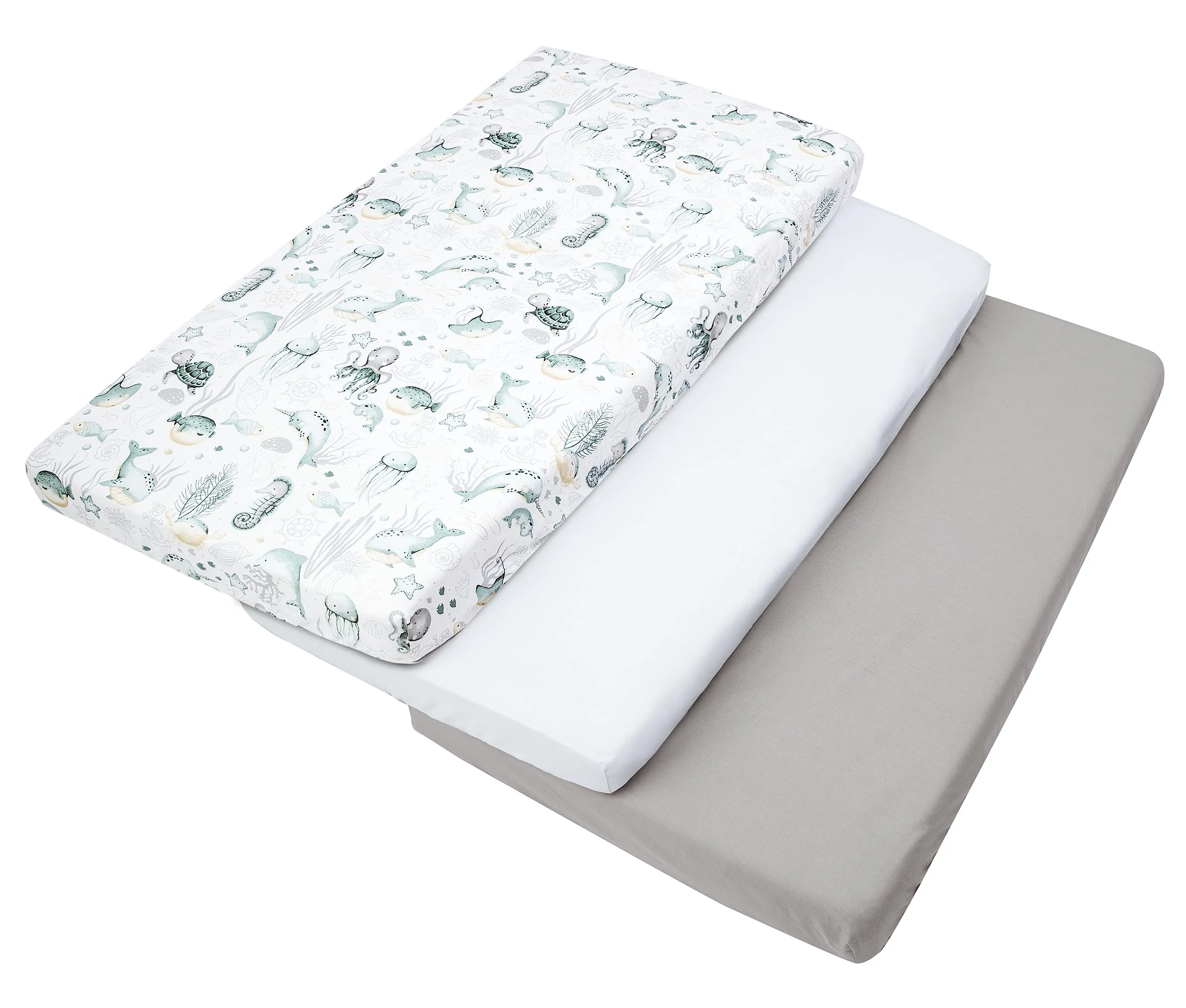 Medi Partners Set di 3 Lenzuoli con Angoli per Lettino Neonato 60x120, 100% Cotone (Oceano-Bianco-Grigio) - immagine 6