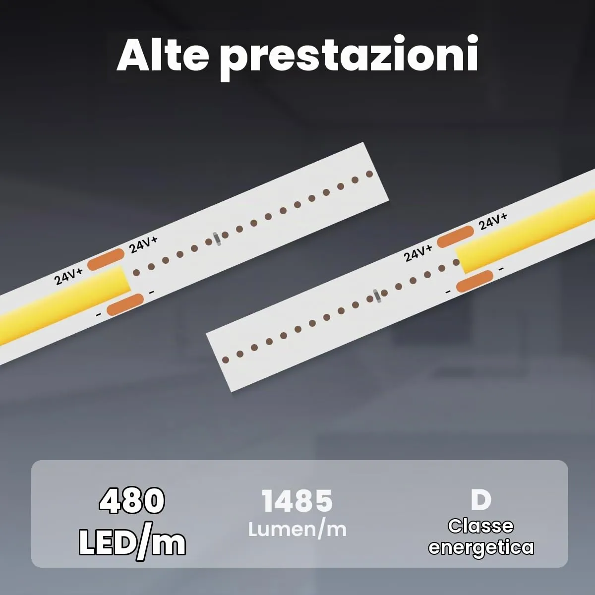 illuburg Striscia LED COB 24V Bianco Caldo 3000K 2,5m 480LED/m CRI90+ Dimmerabile Autoadesiva - immagine 3
