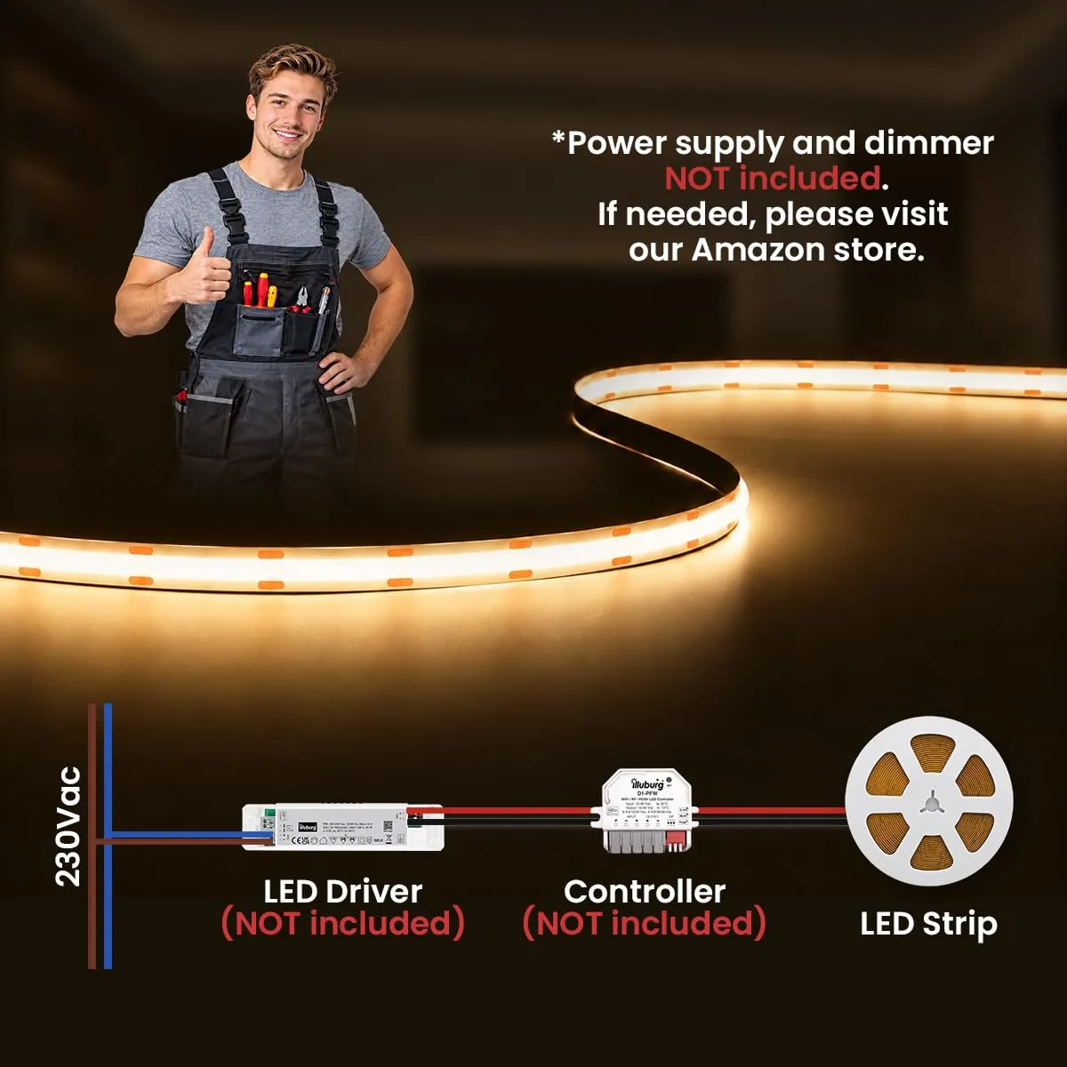 illuburg Striscia LED COB 24V Bianco Caldo 3000K 2,5m 480LED/m CRI90+ Dimmerabile Autoadesiva - immagine 5