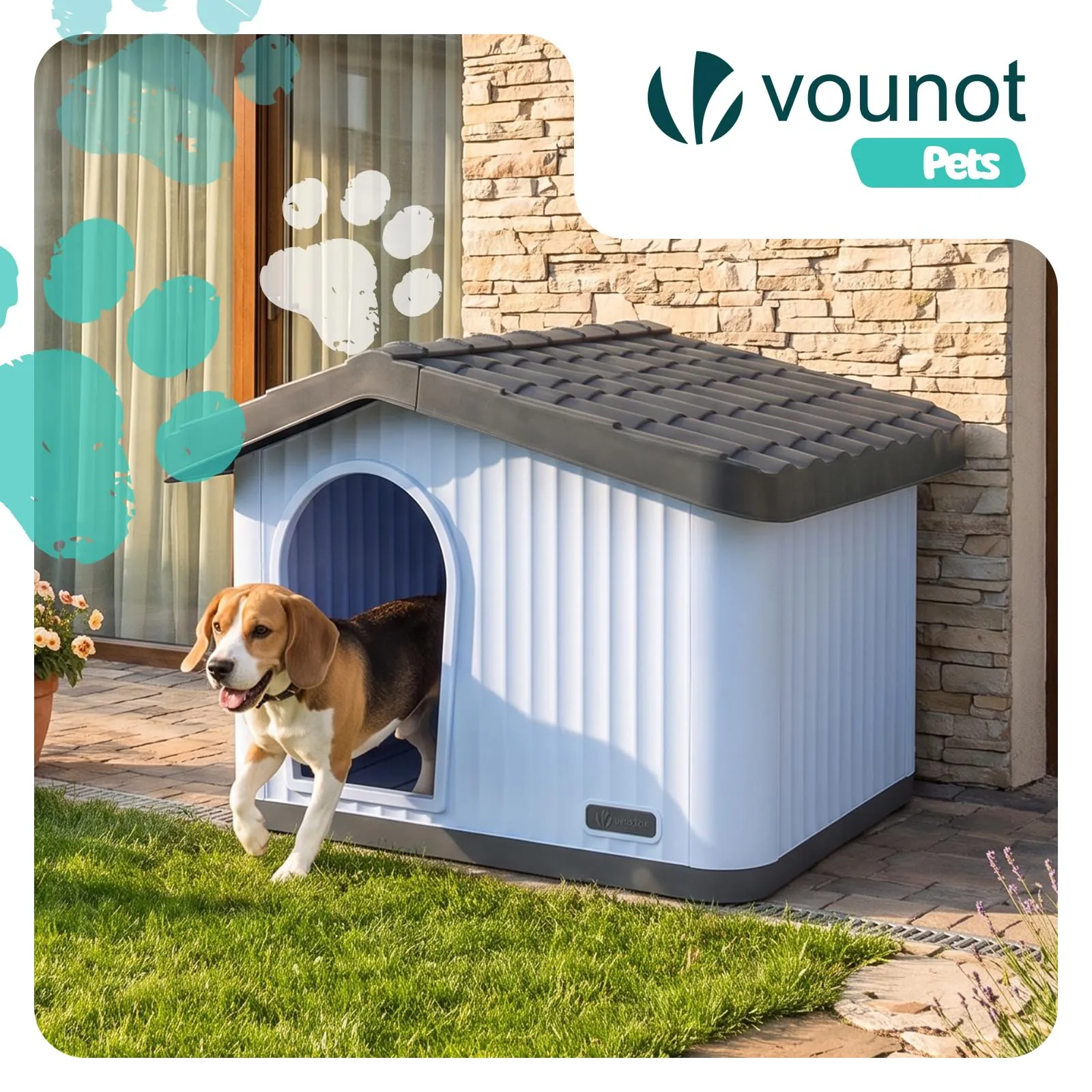 VOUNOT Cuccia per Gatti e Cani Tetto Inclinato, 75x63x51 cm, Bianco/Grigio - immagine 2