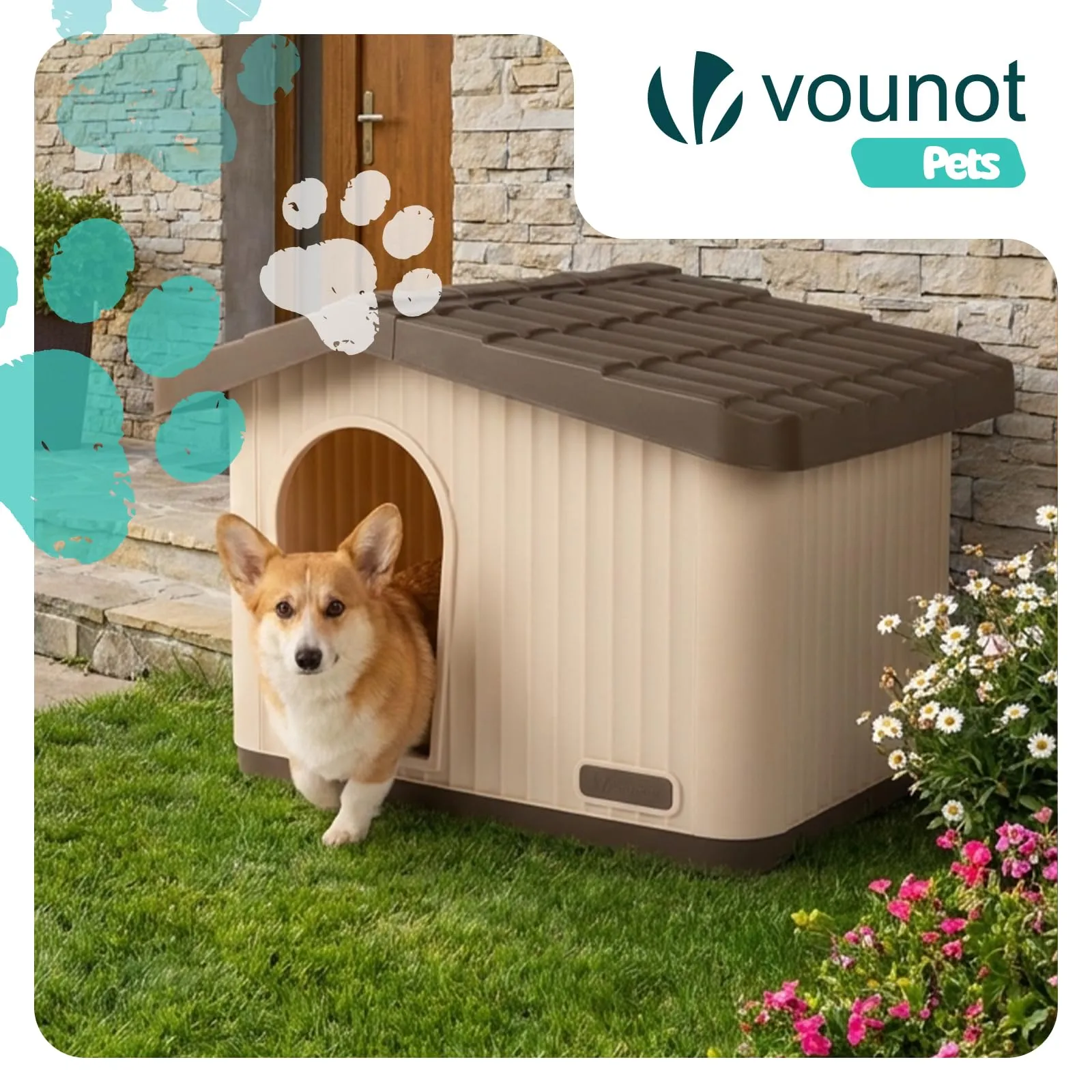 VOUNOT Cuccia per Gatti e Cani Tetto Inclinato 60x51x41 cm, Beige/Marrone - immagine 2