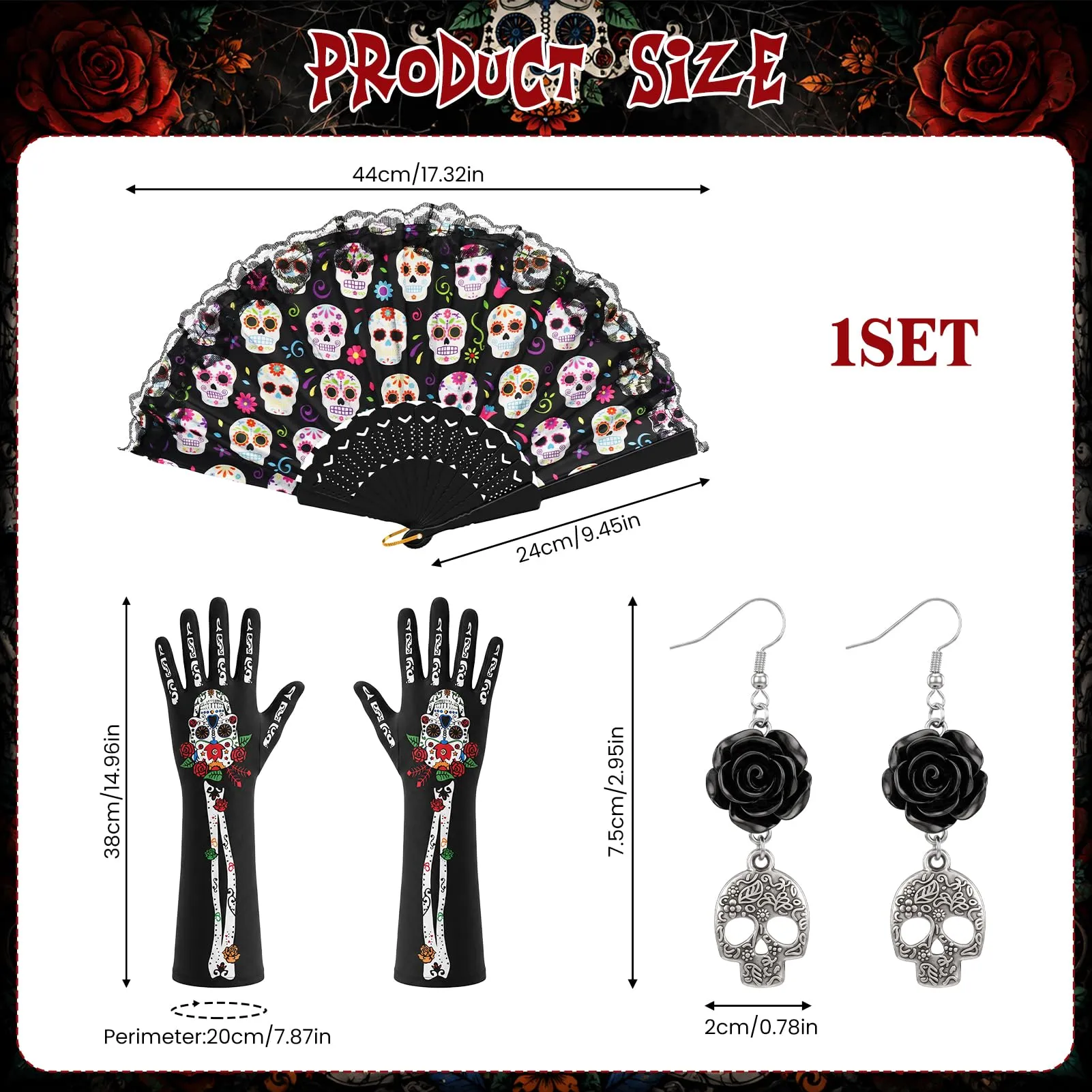 Ourdort Accessori Dia de los Muertos Donna con Guanti, Orecchini Teschio e Ventaglio - immagine 2