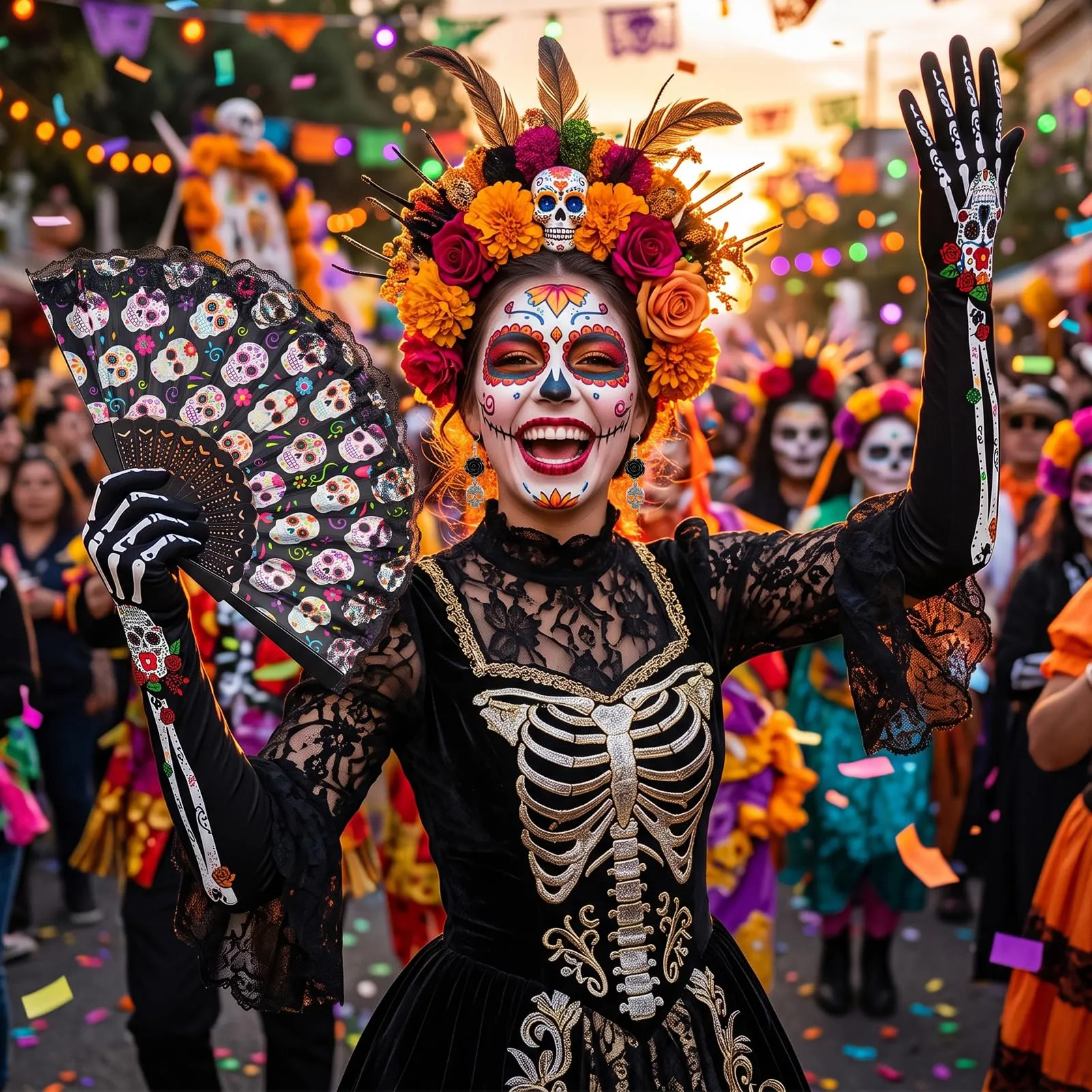 Ourdort Accessori Dia de los Muertos Donna con Guanti, Orecchini Teschio e Ventaglio - immagine 5