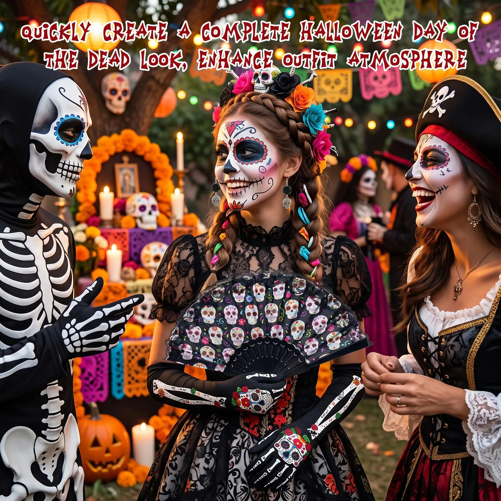 Ourdort Accessori Dia de los Muertos Donna con Guanti, Orecchini Teschio e Ventaglio - immagine 6