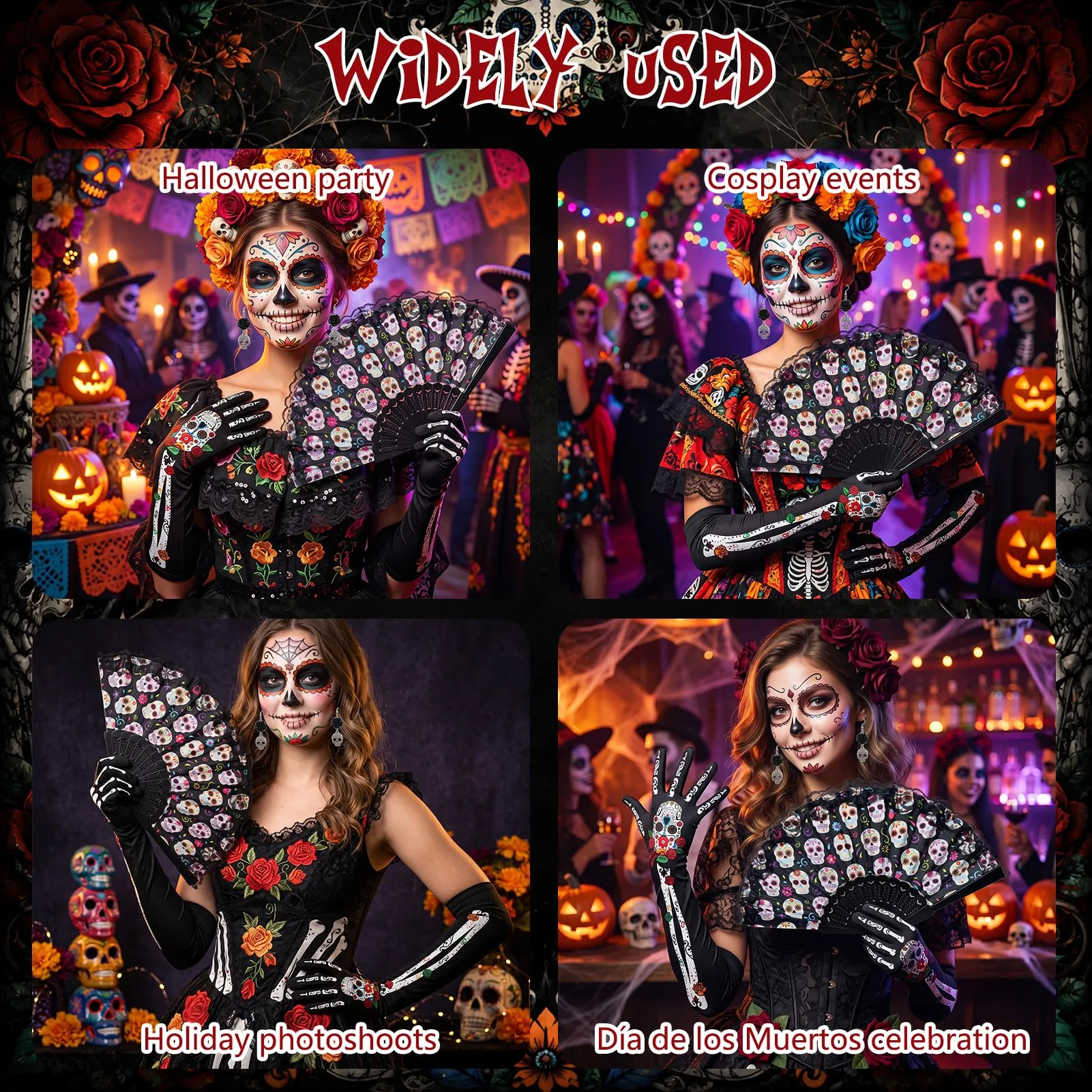 Ourdort Accessori Dia de los Muertos Donna con Guanti, Orecchini Teschio e Ventaglio - immagine 7