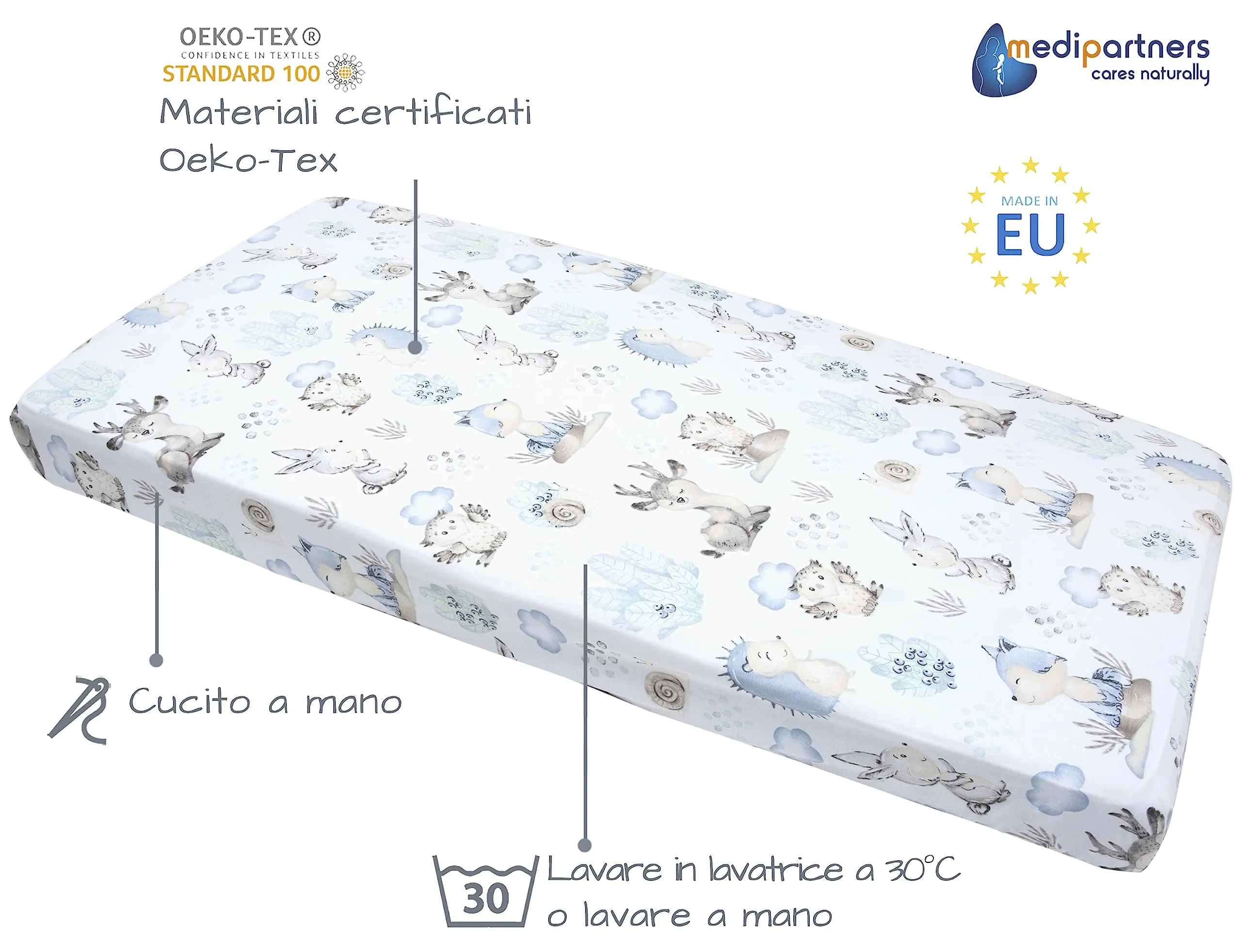 Medi Partners Set di 3 Lenzuoli per Lettino Neonato 60x120, 100% Cotone con Angoli (Cervo E Riccio-Bianco-Grigio) - immagine 3