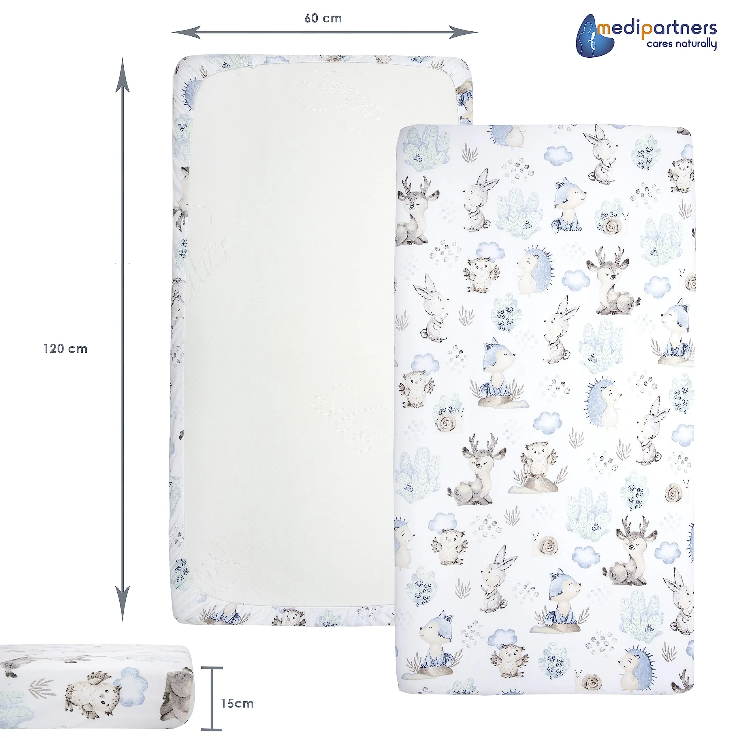 Medi Partners Set di 3 Lenzuoli per Lettino Neonato 60x120, 100% Cotone con Angoli (Cervo E Riccio-Bianco-Grigio) - immagine 4