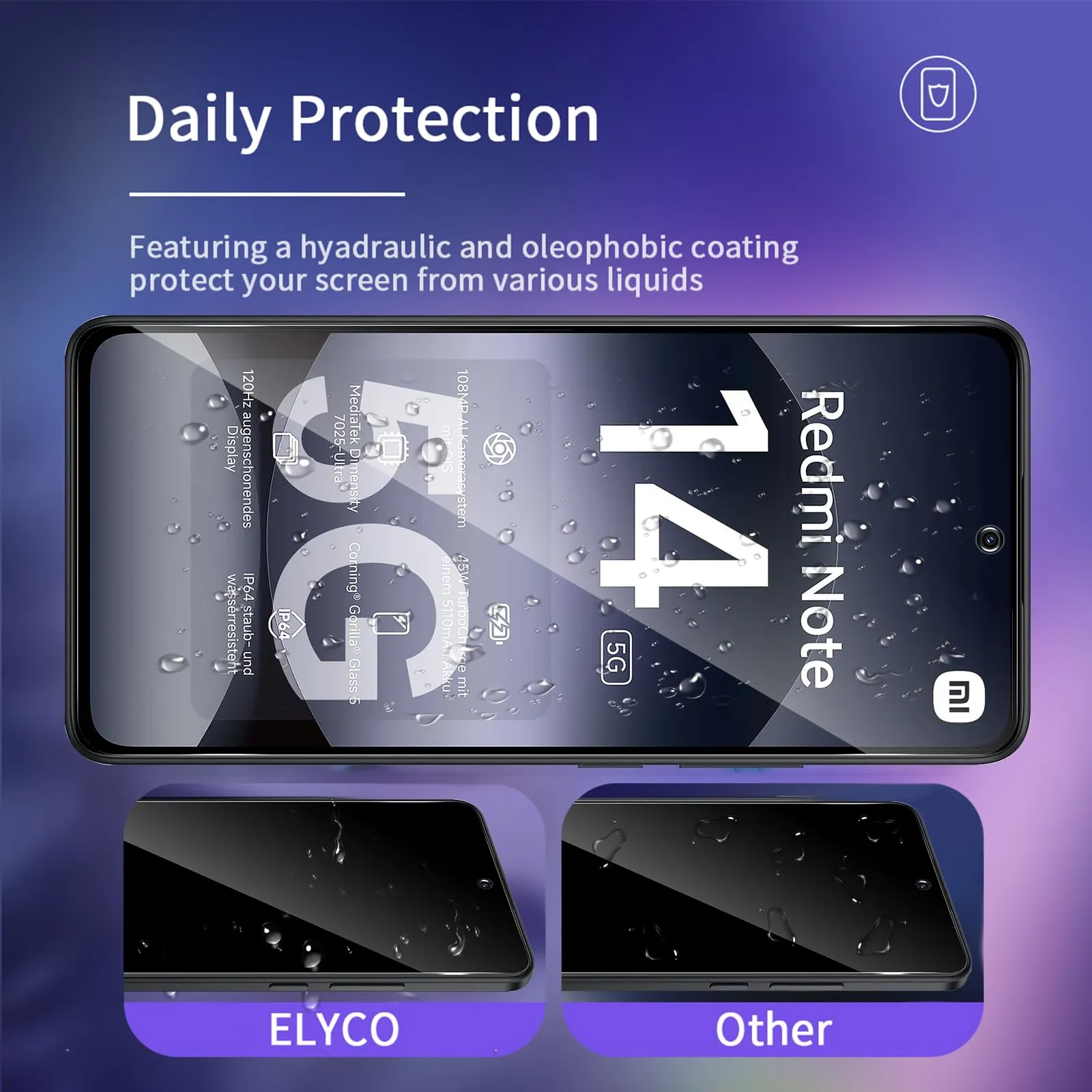 ELYCO Vetro Temperato Privacy per Xiaomi Redmi Note 14 4G/5G, 2 Pezzi - immagine 4