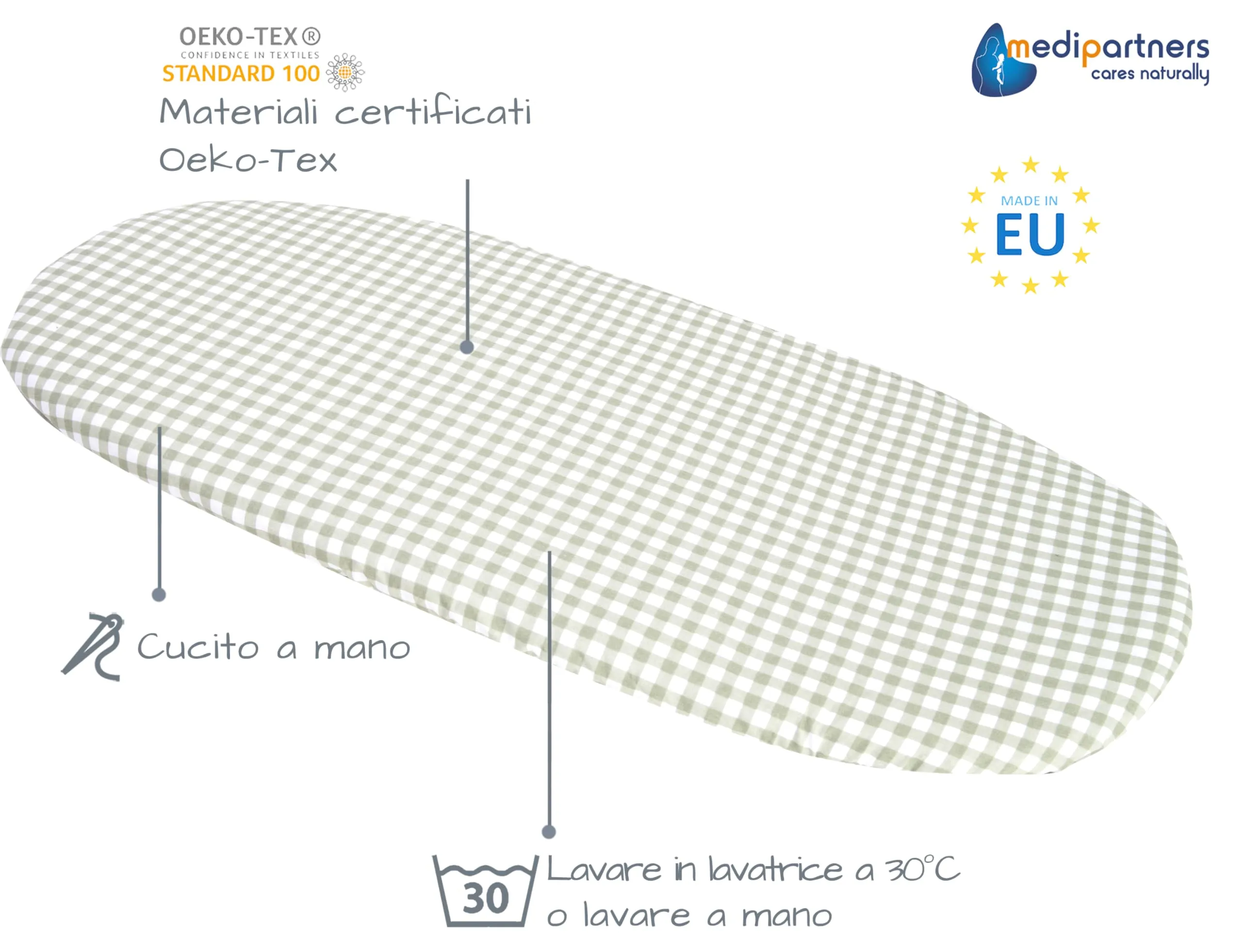 Medi Partners Lenzuolo per Lettino Culla e Navicella 86x40, 100% Cotone, Griglia - immagine 2