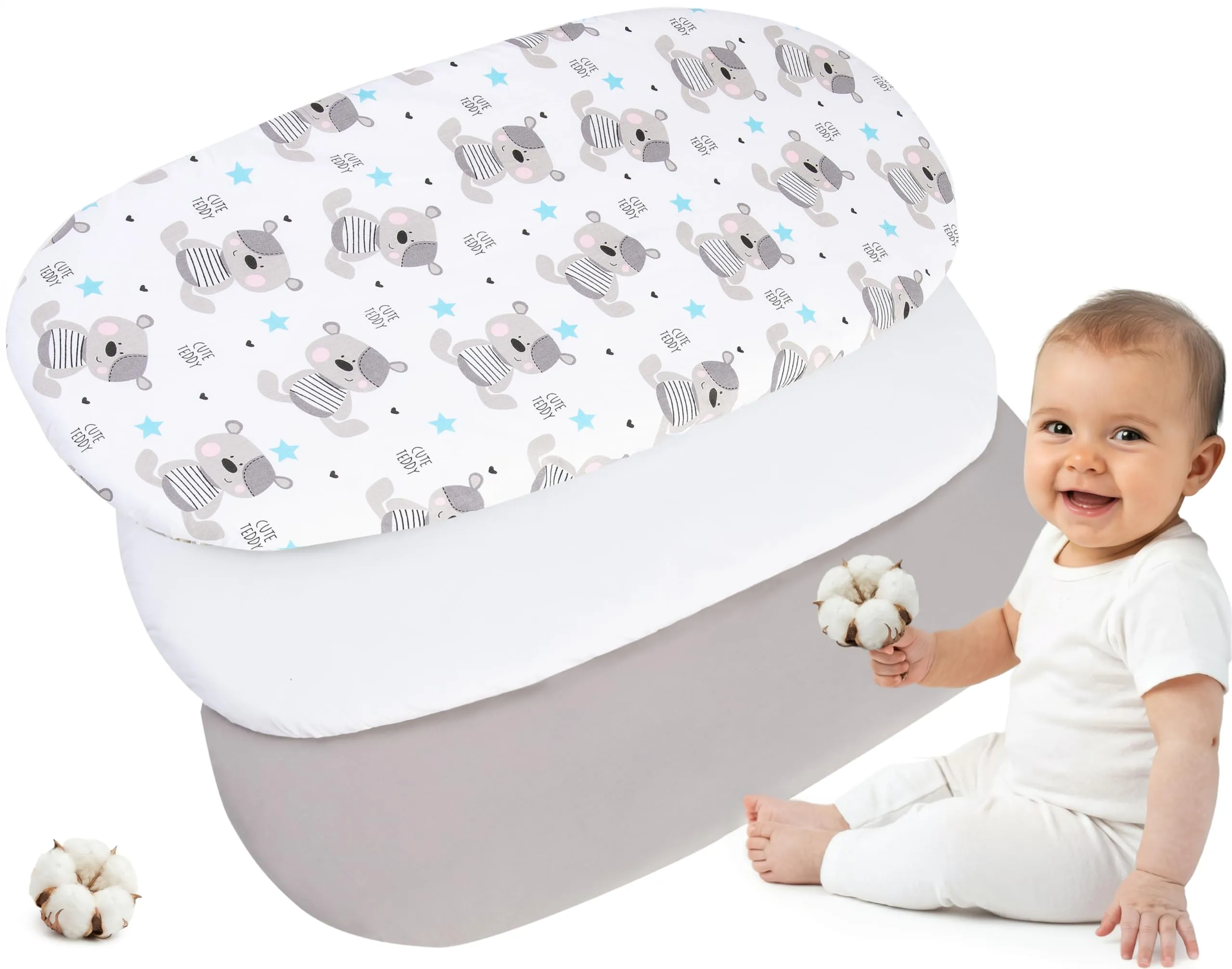 Medi Partners Lenzuola Lettino Culla 86x40 Set da 3 in Cotone per Navicella Neonato e Passeggino (Teddy-Bianco-Grigio) - immagine 1
