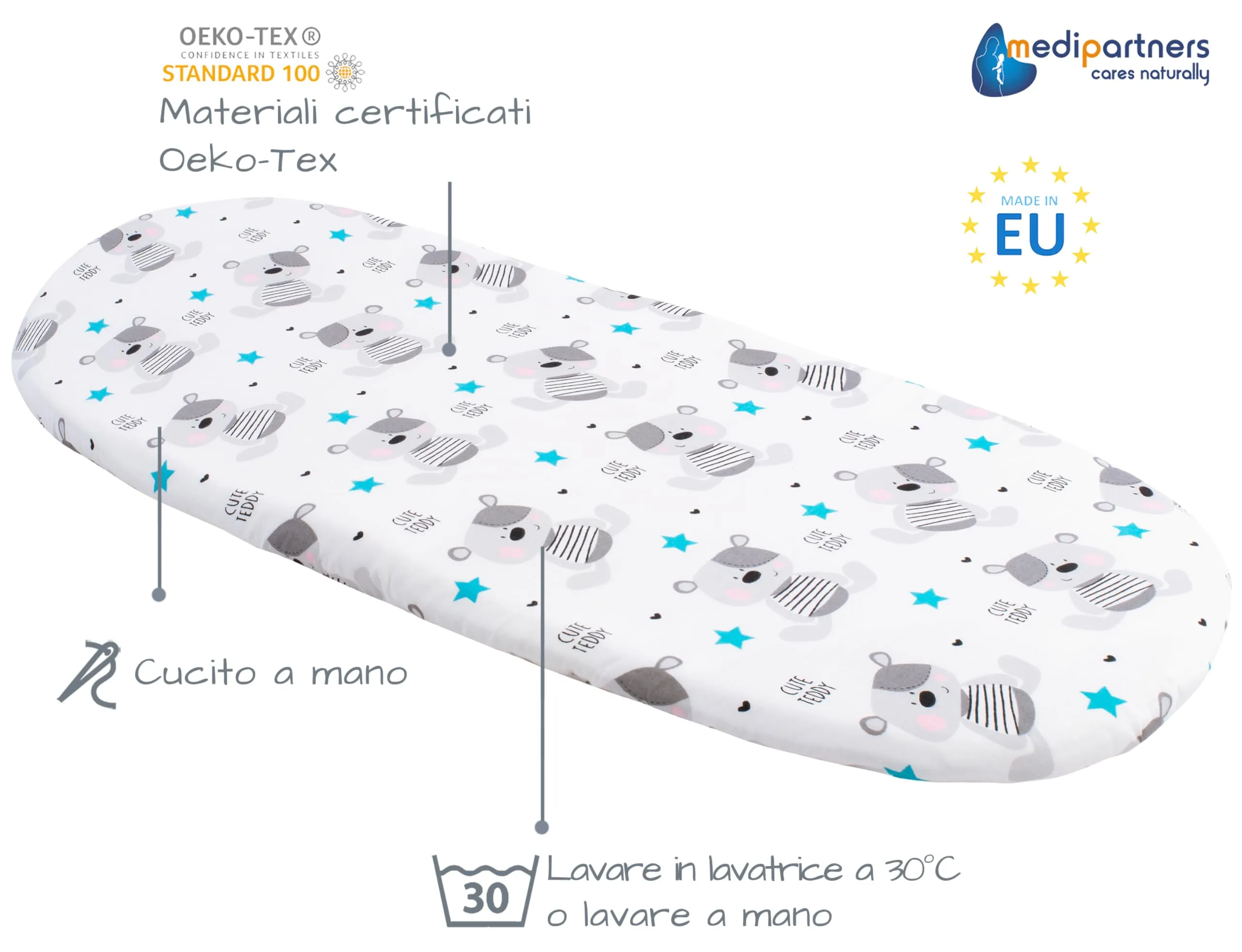 Medi Partners Lenzuola Lettino Culla 86x40 Set da 3 in Cotone per Navicella Neonato e Passeggino (Teddy-Bianco-Grigio) - immagine 3