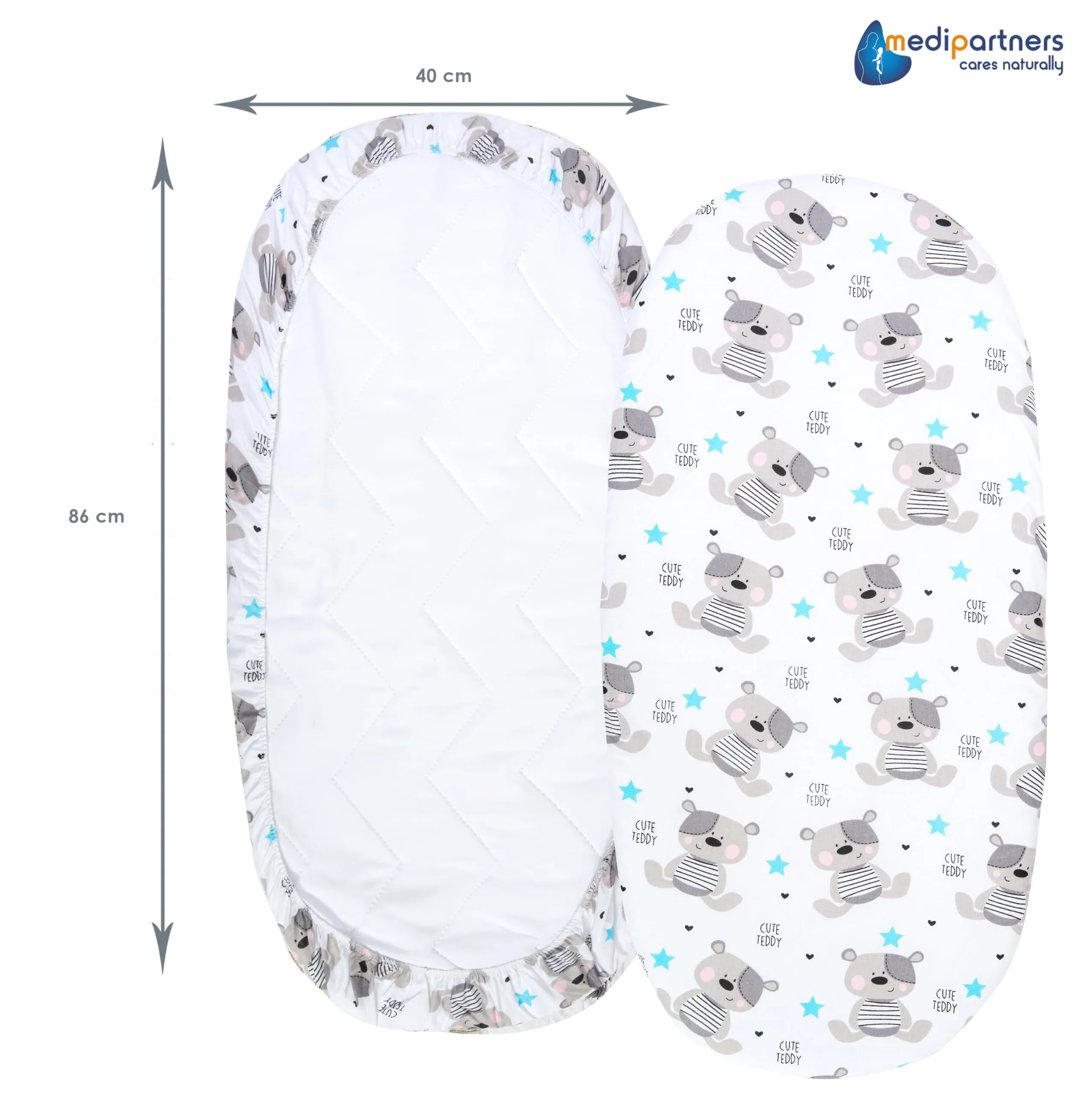 Medi Partners Lenzuola Lettino Culla 86x40 Set da 3 in Cotone per Navicella Neonato e Passeggino (Teddy-Bianco-Grigio) - immagine 4