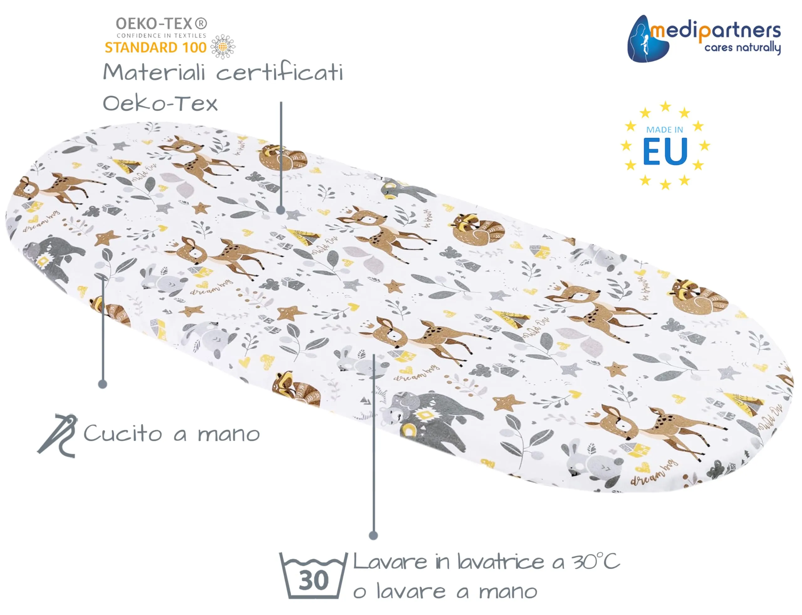 Medi Partners Lenzuola Lettino Culla 86x40 Set 3 Lenzuoli Navicella Neonato Carrozzina con Angoli 100% Cotone (Cervo-Bianco-Grigio) - immagine 3