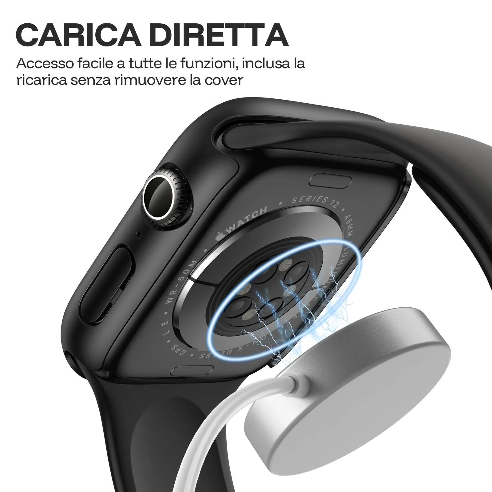 Misxi Cover con Vetro Temperato per Apple Watch Series 12 46mm, Nero, 2 Pezzi - immagine 4