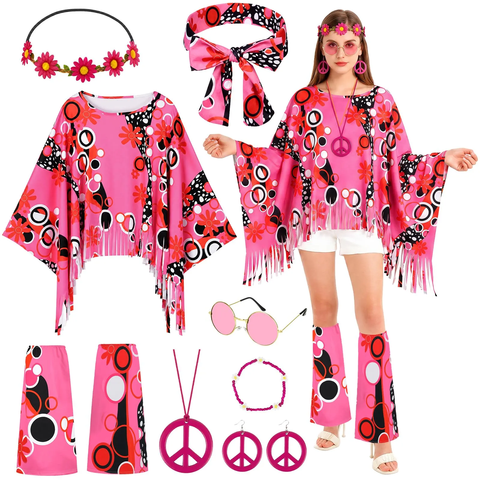 AOOWU Costume Hippie Donna, Set Accessori Stile Vintage Anni 70, 10 Pezzi - immagine 1