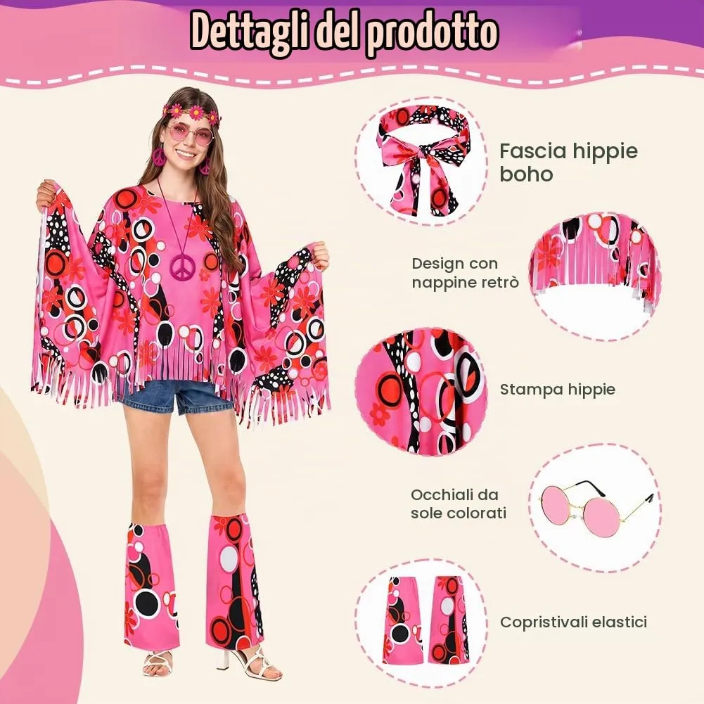 AOOWU Costume Hippie Donna, Set Accessori Stile Vintage Anni 70, 10 Pezzi - immagine 2