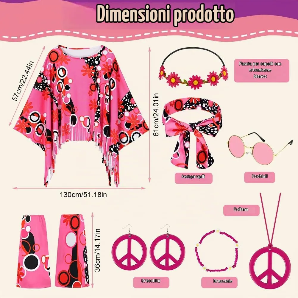AOOWU Costume Hippie Donna, Set Accessori Stile Vintage Anni 70, 10 Pezzi - immagine 3
