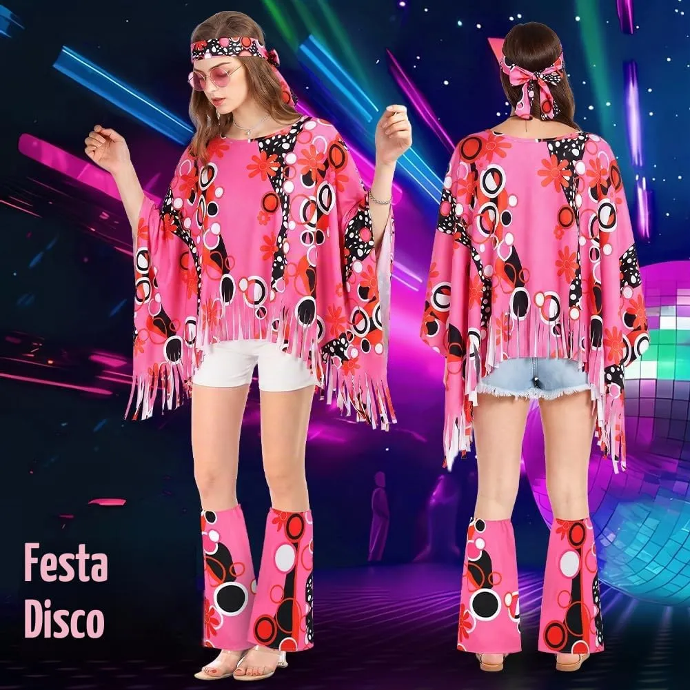 AOOWU Costume Hippie Donna, Set Accessori Stile Vintage Anni 70, 10 Pezzi - immagine 4