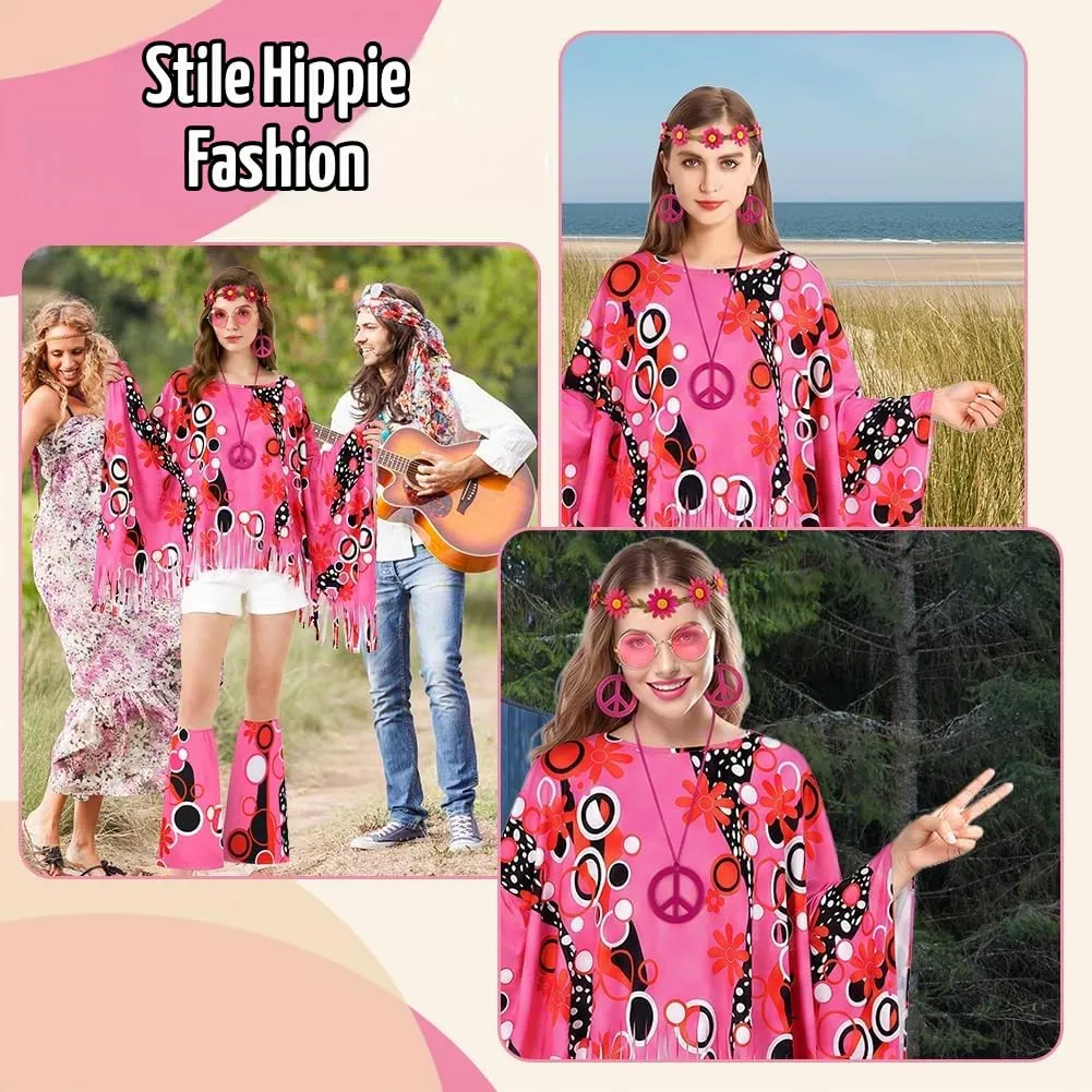 AOOWU Costume Hippie Donna, Set Accessori Stile Vintage Anni 70, 10 Pezzi - immagine 6
