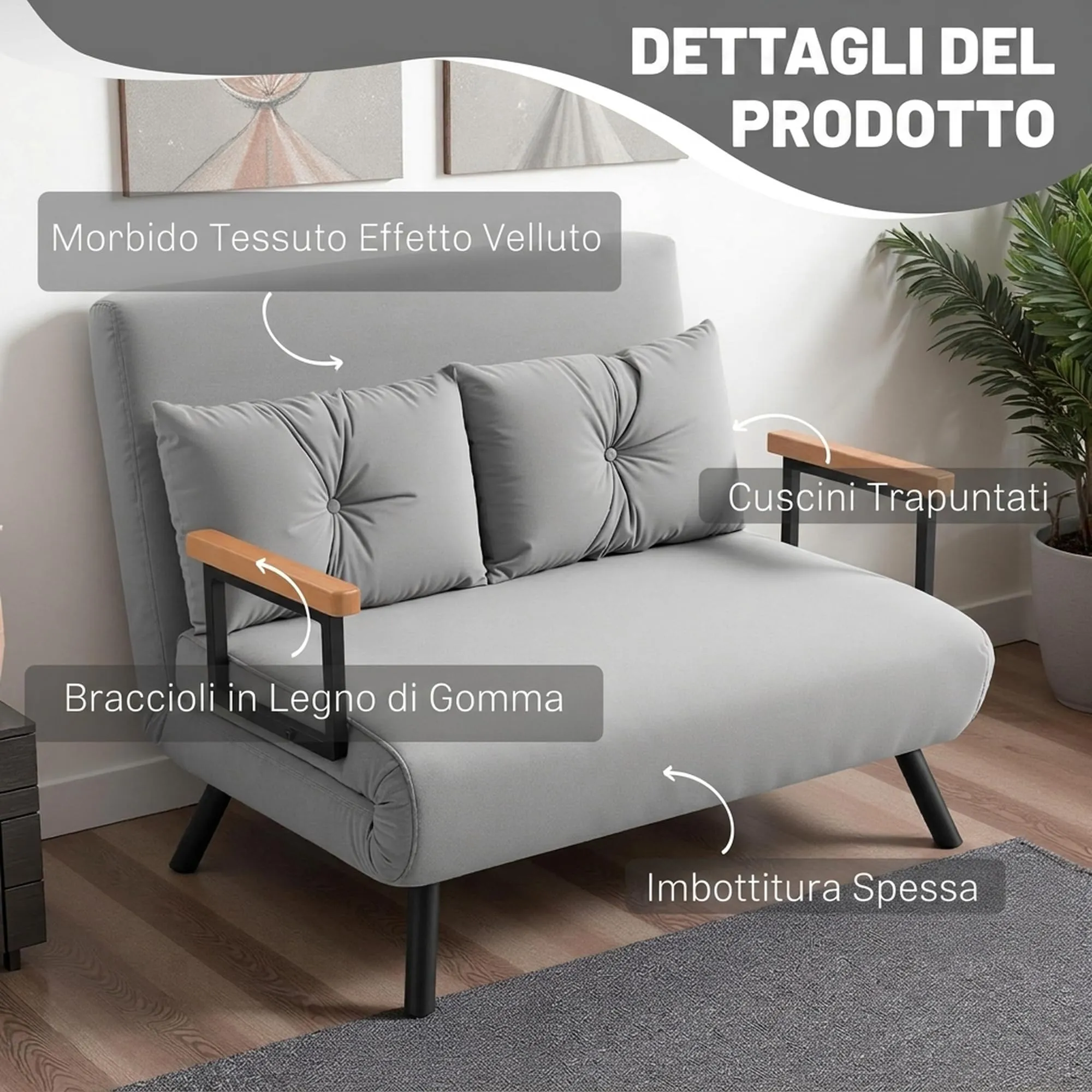 HOMCOM Divano Letto 2 Posti in Velluto con 2 Cuscini, Grigio Chiaro - immagine 5