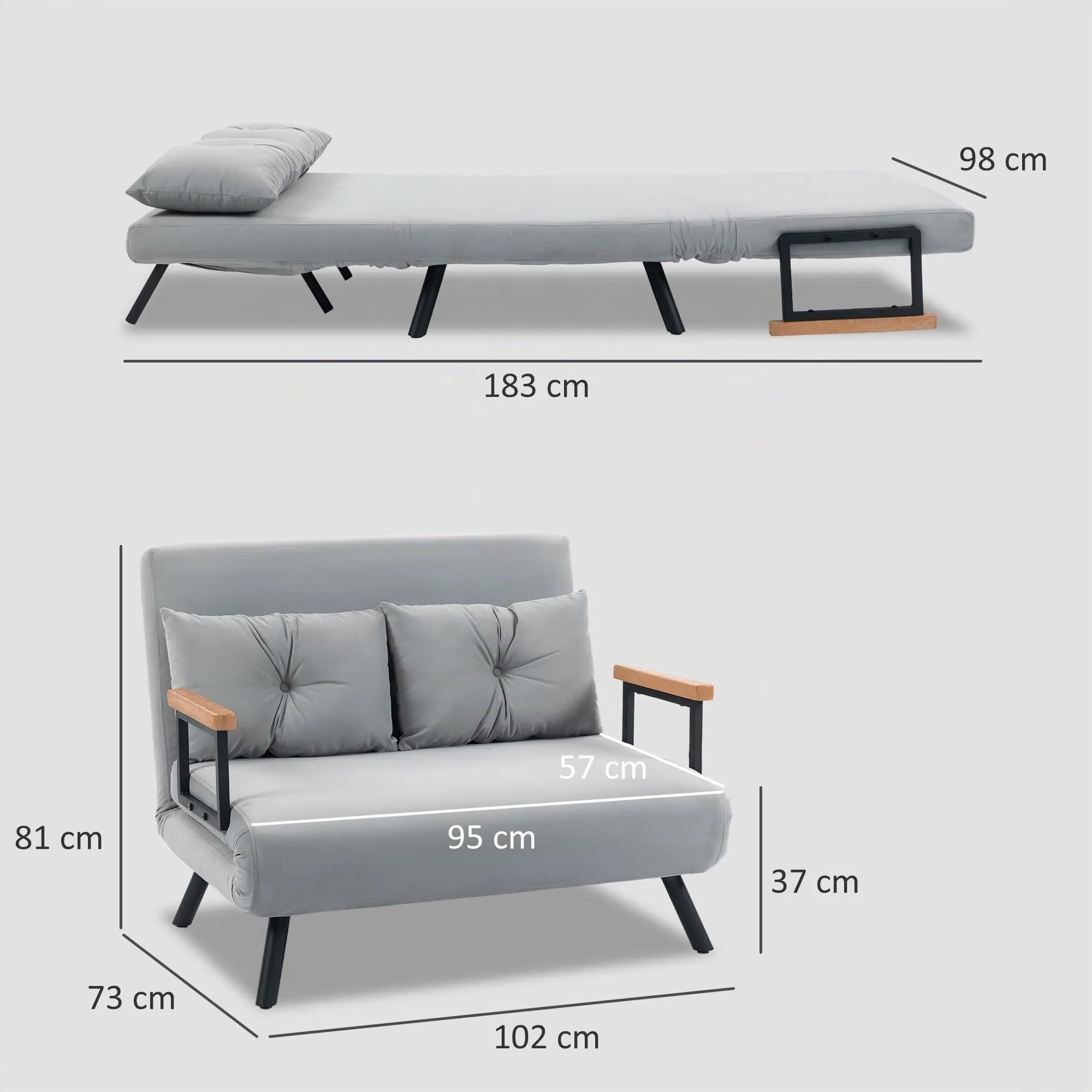 HOMCOM Divano Letto 2 Posti in Velluto con 2 Cuscini, Grigio Chiaro - immagine 6