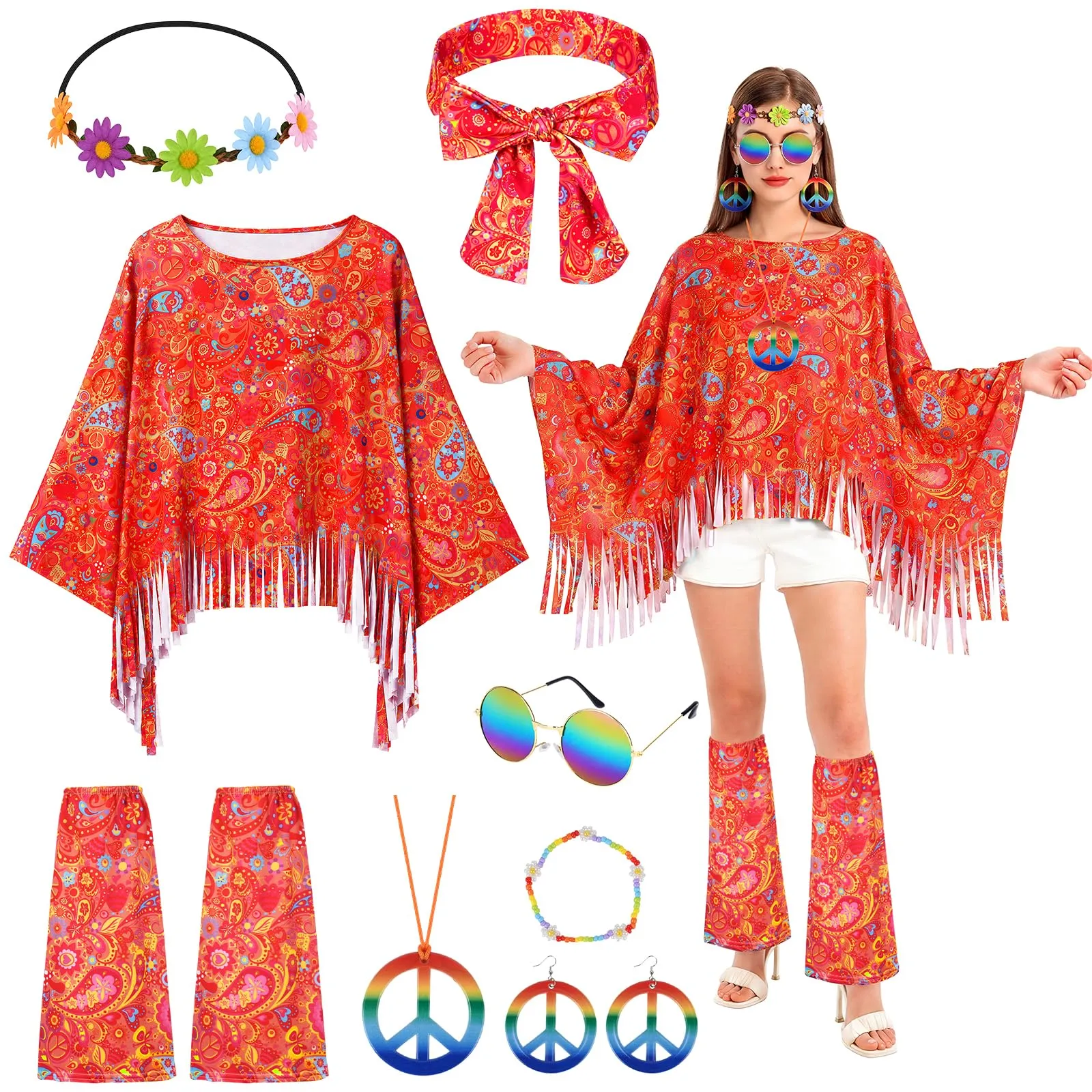 AOOWU Costume Hippie Donna, Set 10 Pezzi Accessori Stile Vintage Anni 70 - immagine 1