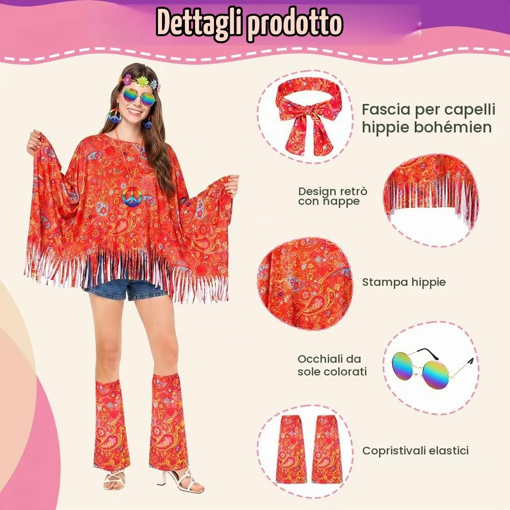 AOOWU Costume Hippie Donna, Set 10 Pezzi Accessori Stile Vintage Anni 70 - immagine 2
