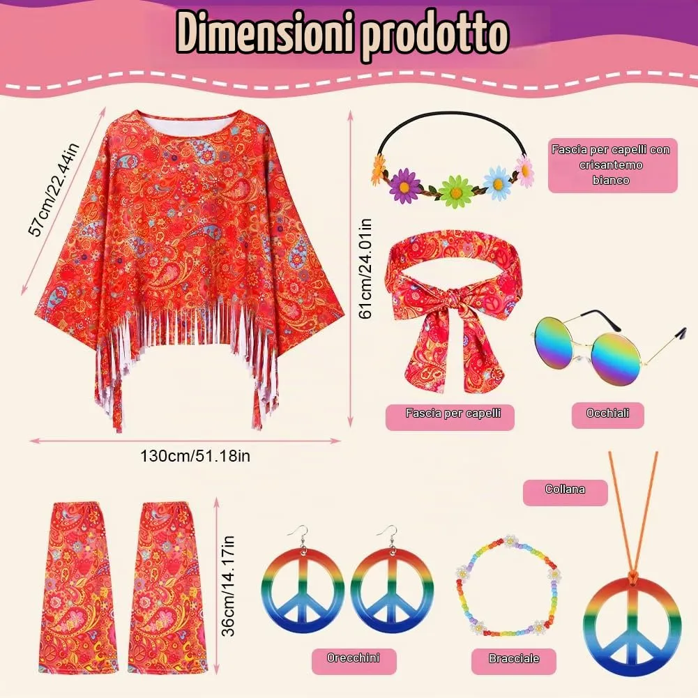 AOOWU Costume Hippie Donna, Set 10 Pezzi Accessori Stile Vintage Anni 70 - immagine 3