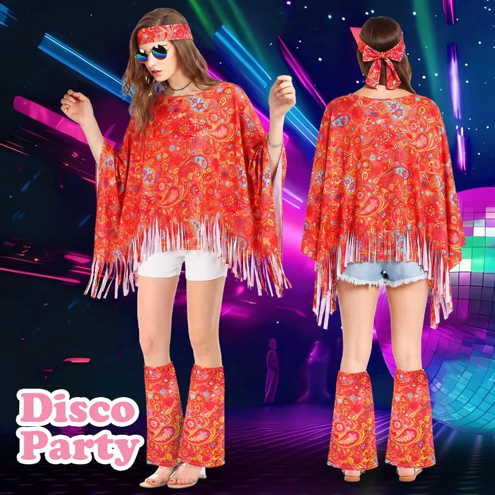 AOOWU Costume Hippie Donna, Set 10 Pezzi Accessori Stile Vintage Anni 70 - immagine 4