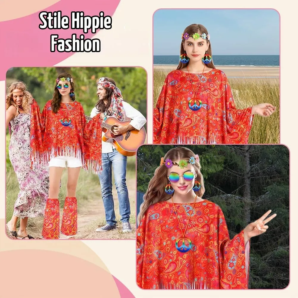 AOOWU Costume Hippie Donna, Set 10 Pezzi Accessori Stile Vintage Anni 70 - immagine 6