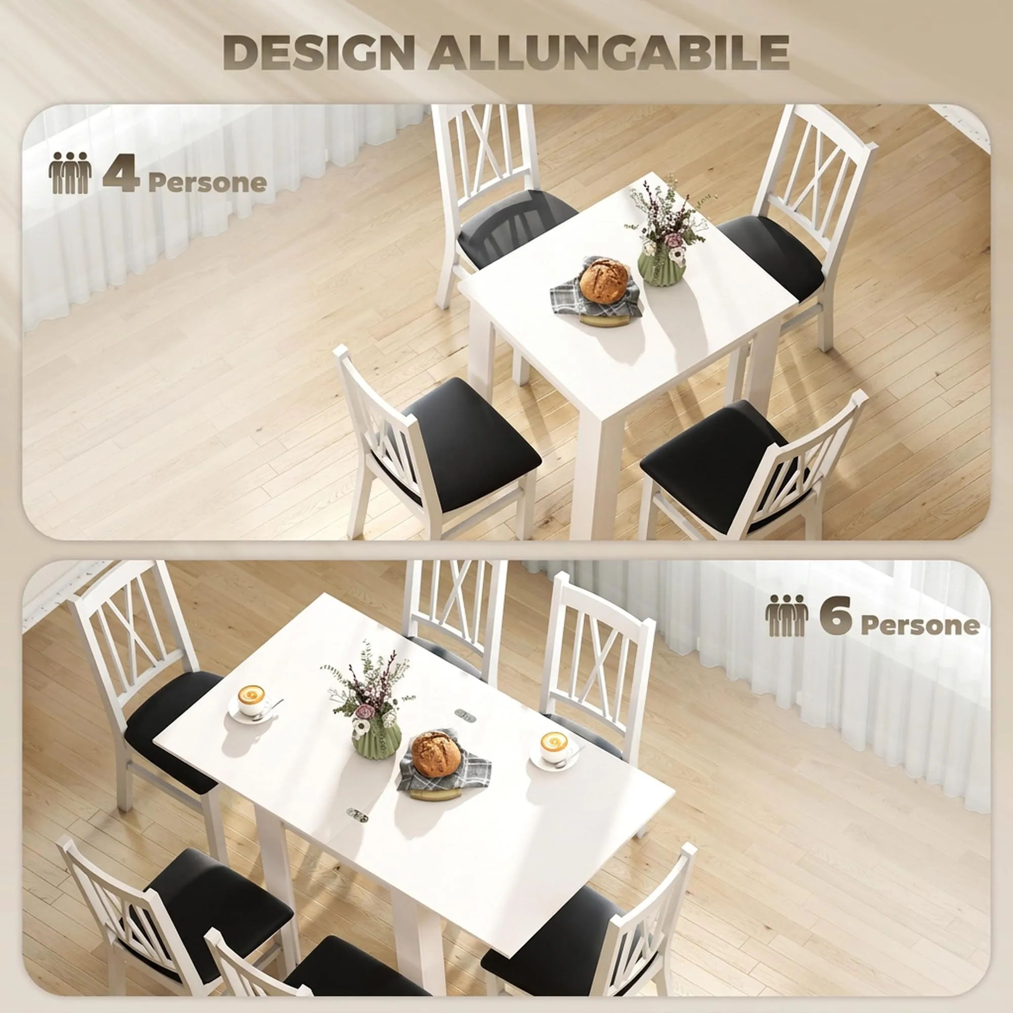 HOMCOM Tavolo da Pranzo Allungabile 70-140cm Bianco Effetto Legno - immagine 3