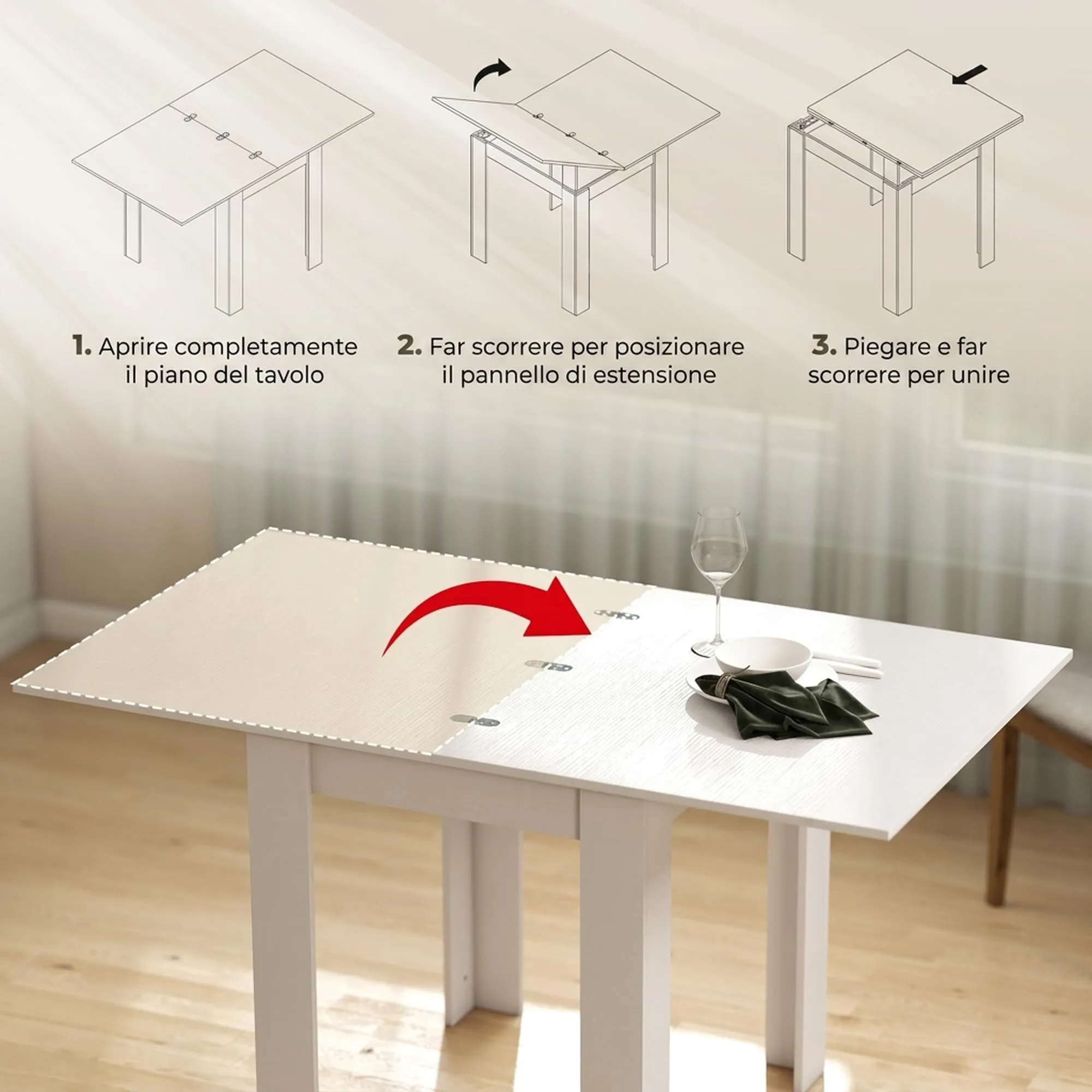 HOMCOM Tavolo da Pranzo Allungabile 70-140cm Bianco Effetto Legno - immagine 4