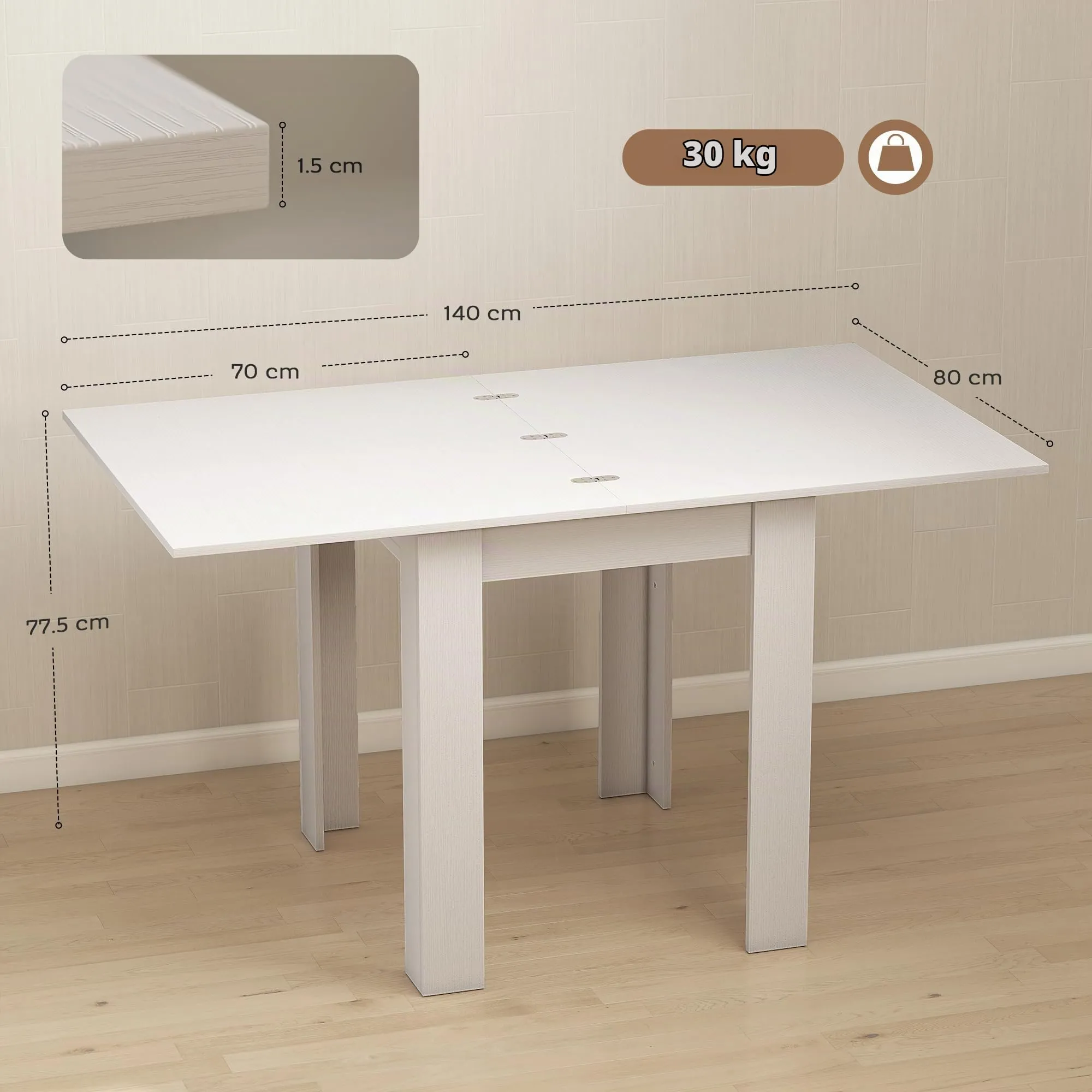 HOMCOM Tavolo da Pranzo Allungabile 70-140cm Bianco Effetto Legno - immagine 6