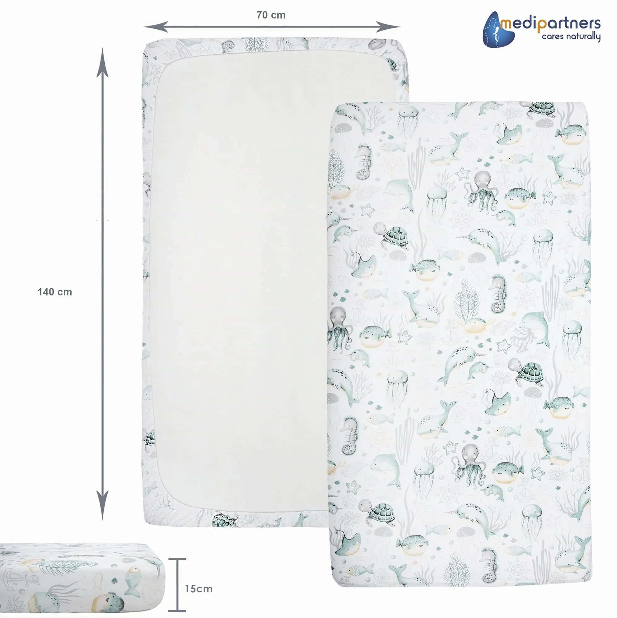 Medi Partners Lenzuola Lettino Neonato 70x140, 100% Cotone con Angoli (Oceano) - immagine 3