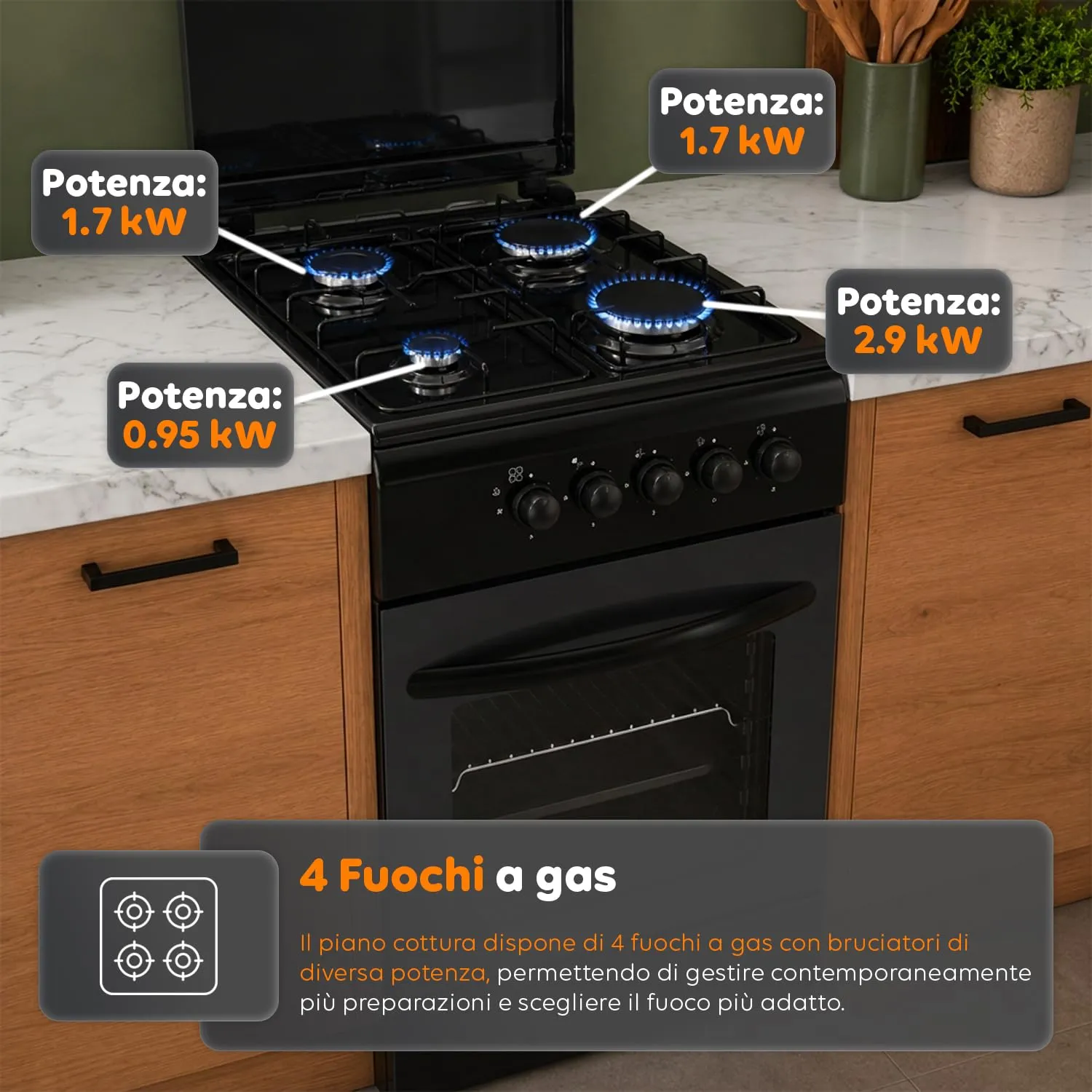 Avilia Cucina a Gas 50x50 cm con Forno 49 Litri, 4 Fuochi, Valvole di Sicurezza, Nero - immagine 2
