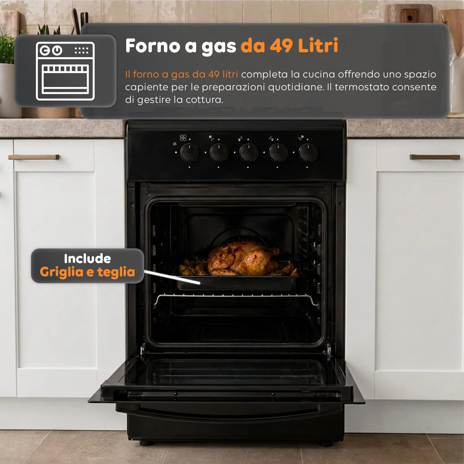 Avilia Cucina a Gas 50x50 cm con Forno 49 Litri, 4 Fuochi, Valvole di Sicurezza, Nero - immagine 3