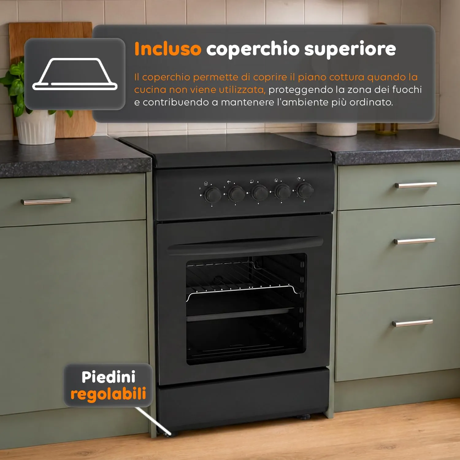 Avilia Cucina a Gas 50x50 cm con Forno 49 Litri, 4 Fuochi, Valvole di Sicurezza, Nero - immagine 6