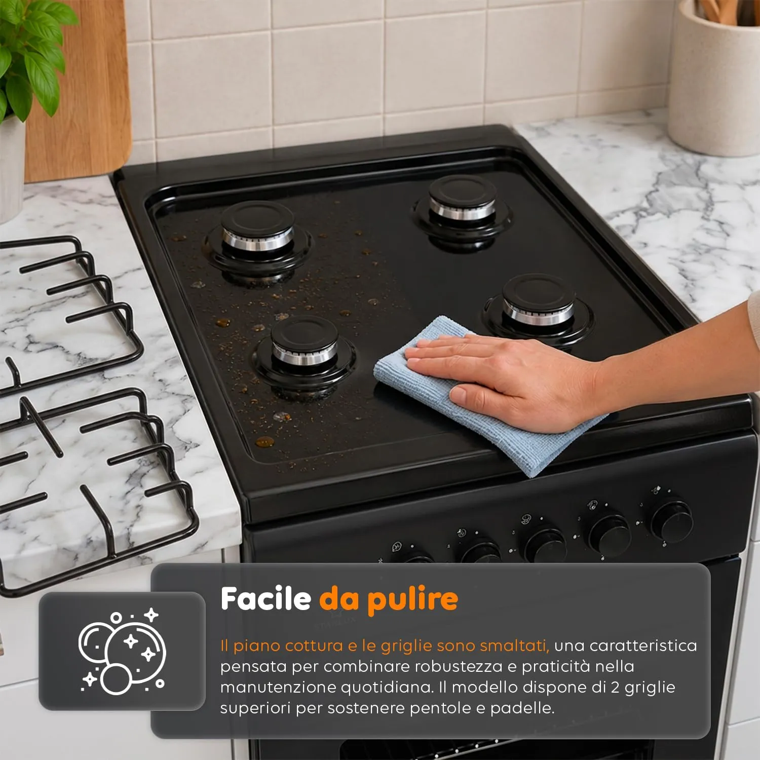 Avilia Cucina a Gas 50x50 cm con Forno 49 Litri, 4 Fuochi, Valvole di Sicurezza, Nero - immagine 7