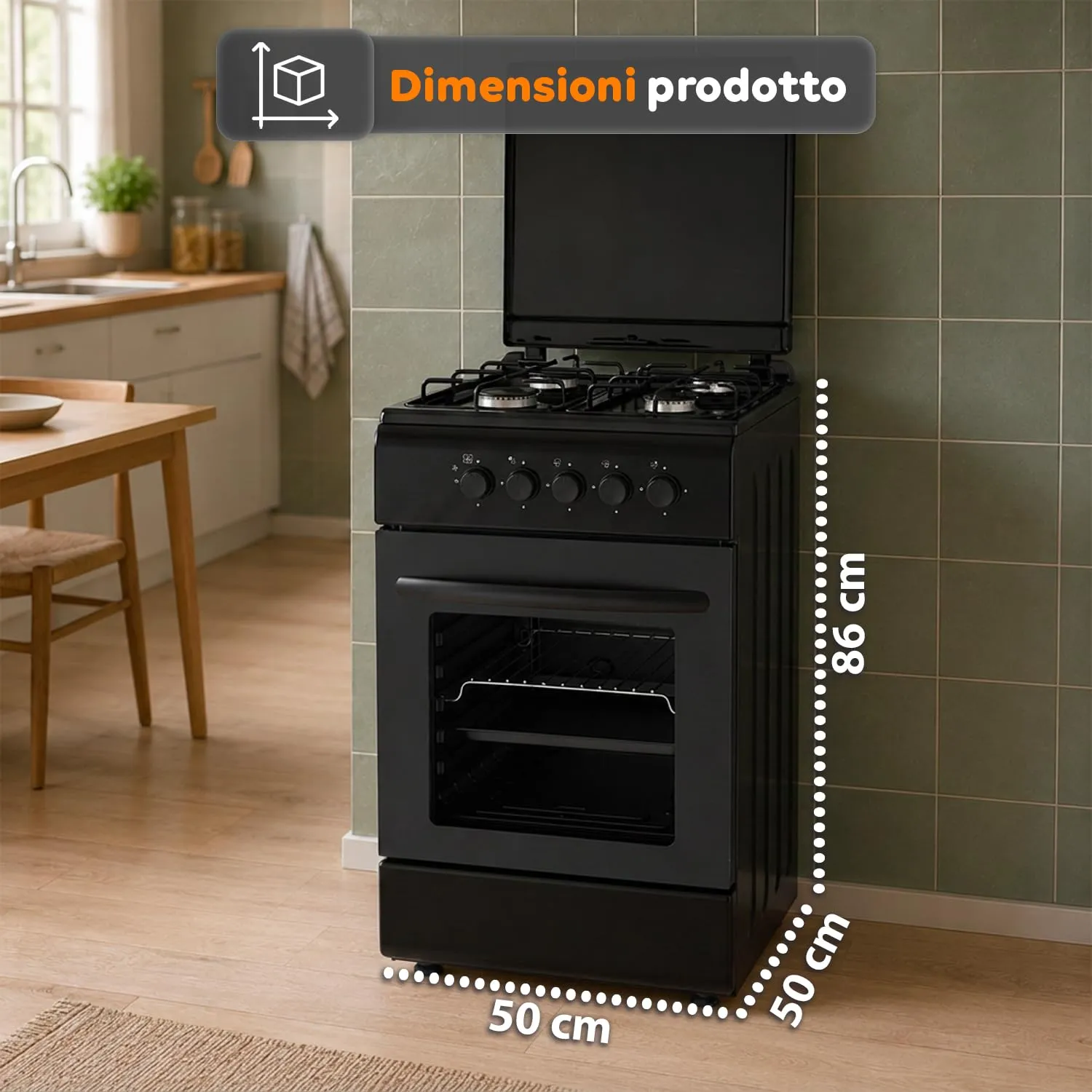 Avilia Cucina a Gas 50x50 cm con Forno 49 Litri, 4 Fuochi, Valvole di Sicurezza, Nero - immagine 8