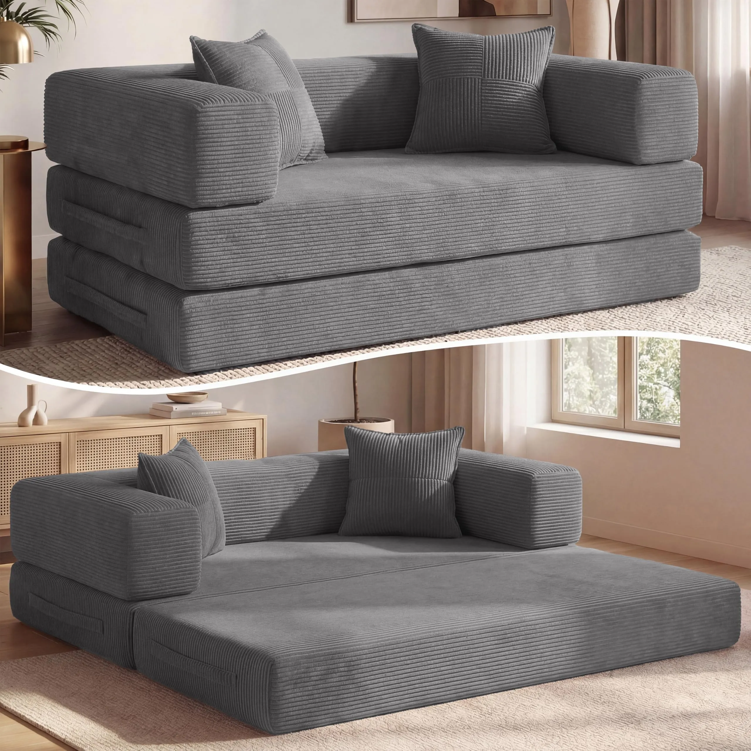 Vipbear Divano a terra convertibile 5-in-1 160×90×70 cm, divano-letto in velluto a coste, grigio - immagine 1