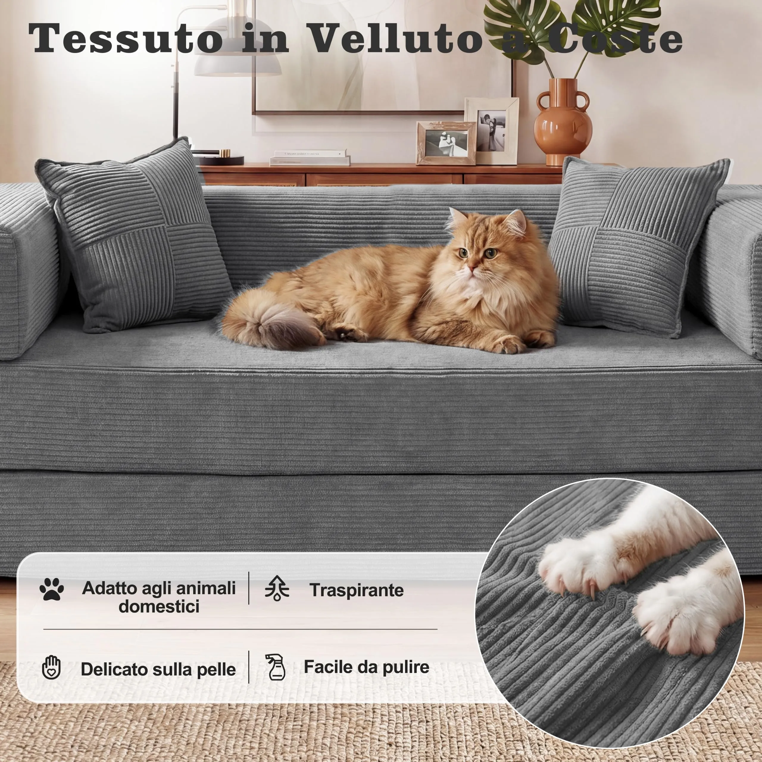 Vipbear Divano a terra convertibile 5-in-1 160×90×70 cm, divano-letto in velluto a coste, grigio - immagine 4