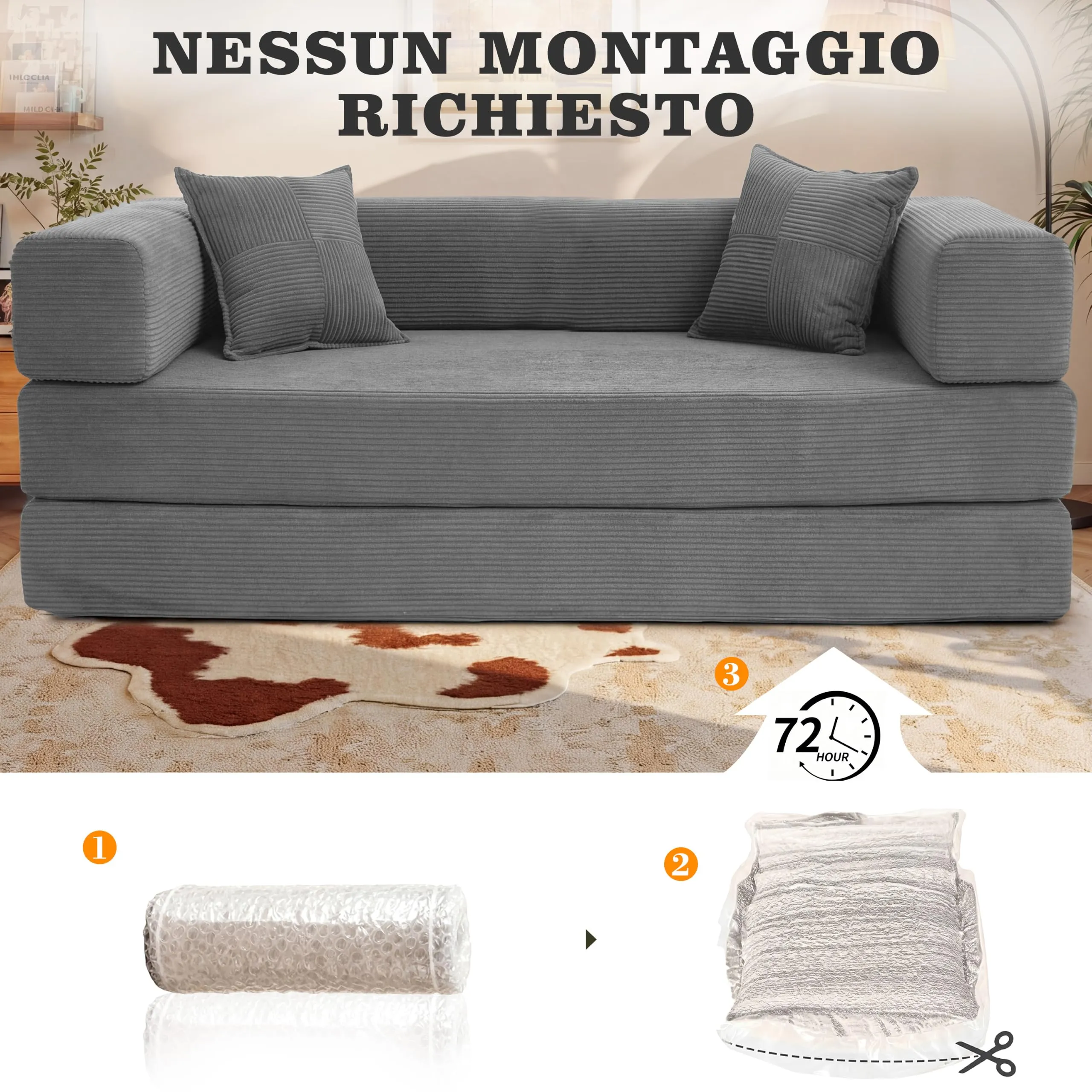 Vipbear Divano a terra convertibile 5-in-1 160×90×70 cm, divano-letto in velluto a coste, grigio - immagine 7